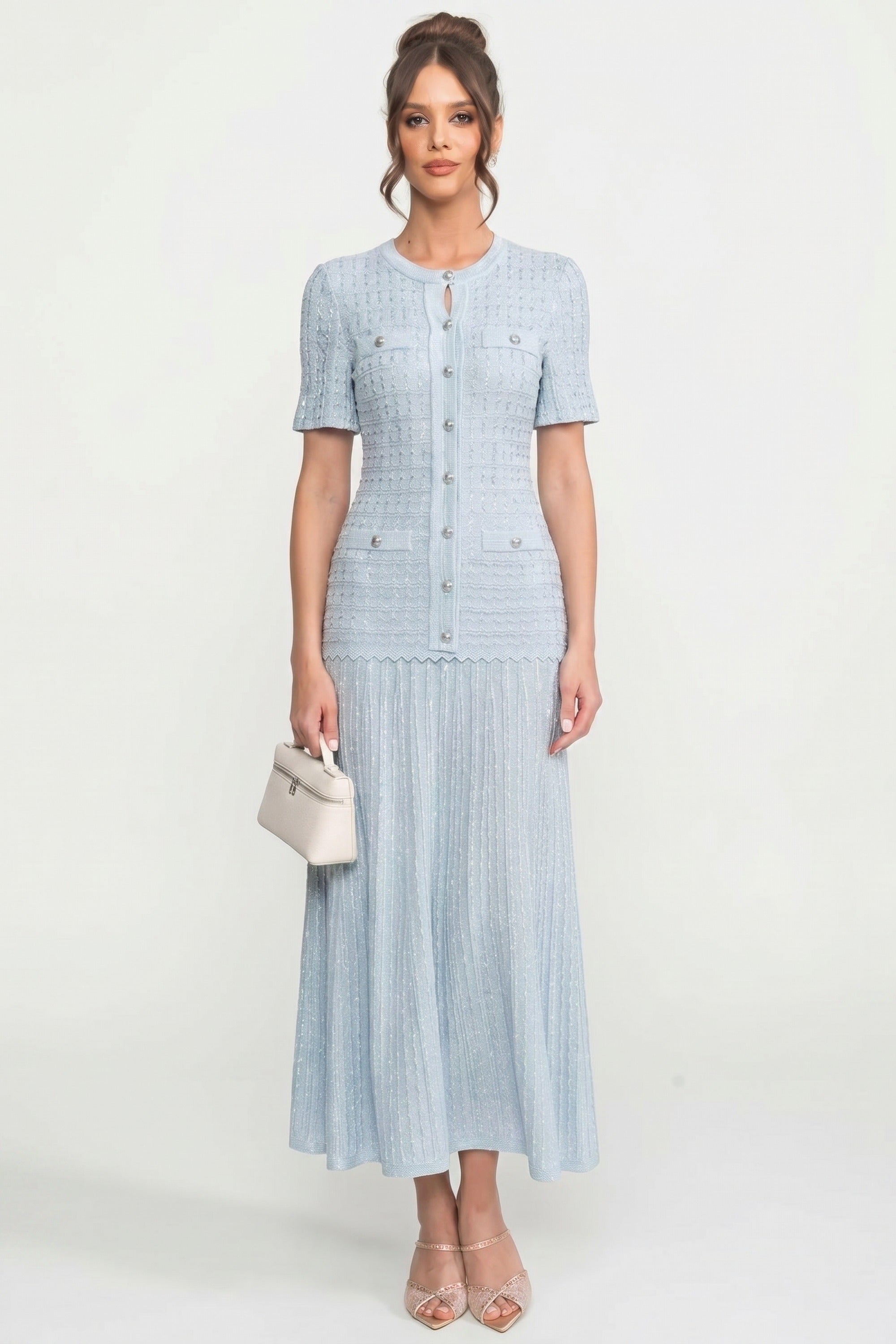 Robe midi à manches courtes avec texture tricotée scintillante - Light Blue 