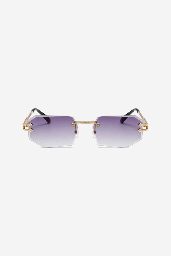 Rimless Geometric Sunglasses with Textured Gold Chain Temples – Purple