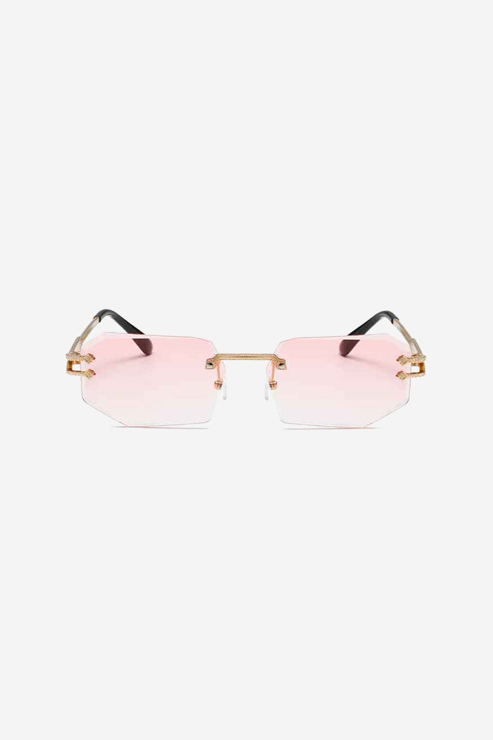 Rimless Geometric Sunglasses with Textured Gold Chain Temples – Pink