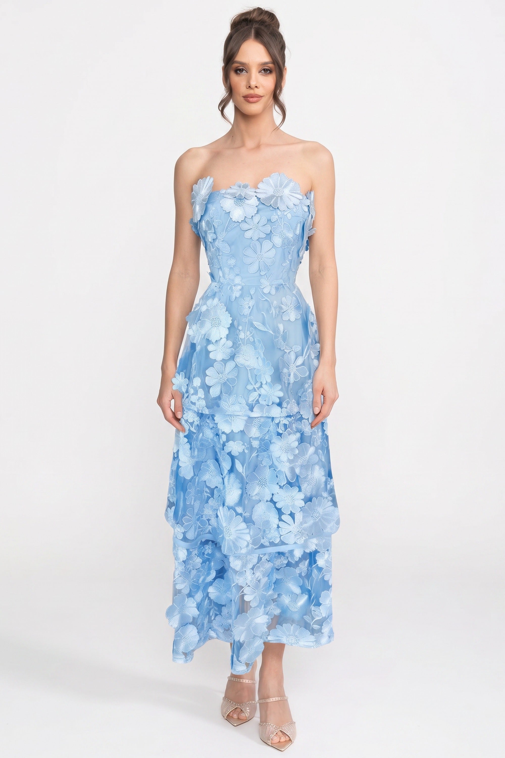 Robe Transparente à Couches avec Taille Cintrée et Appliques Florales - Bleu clair 
