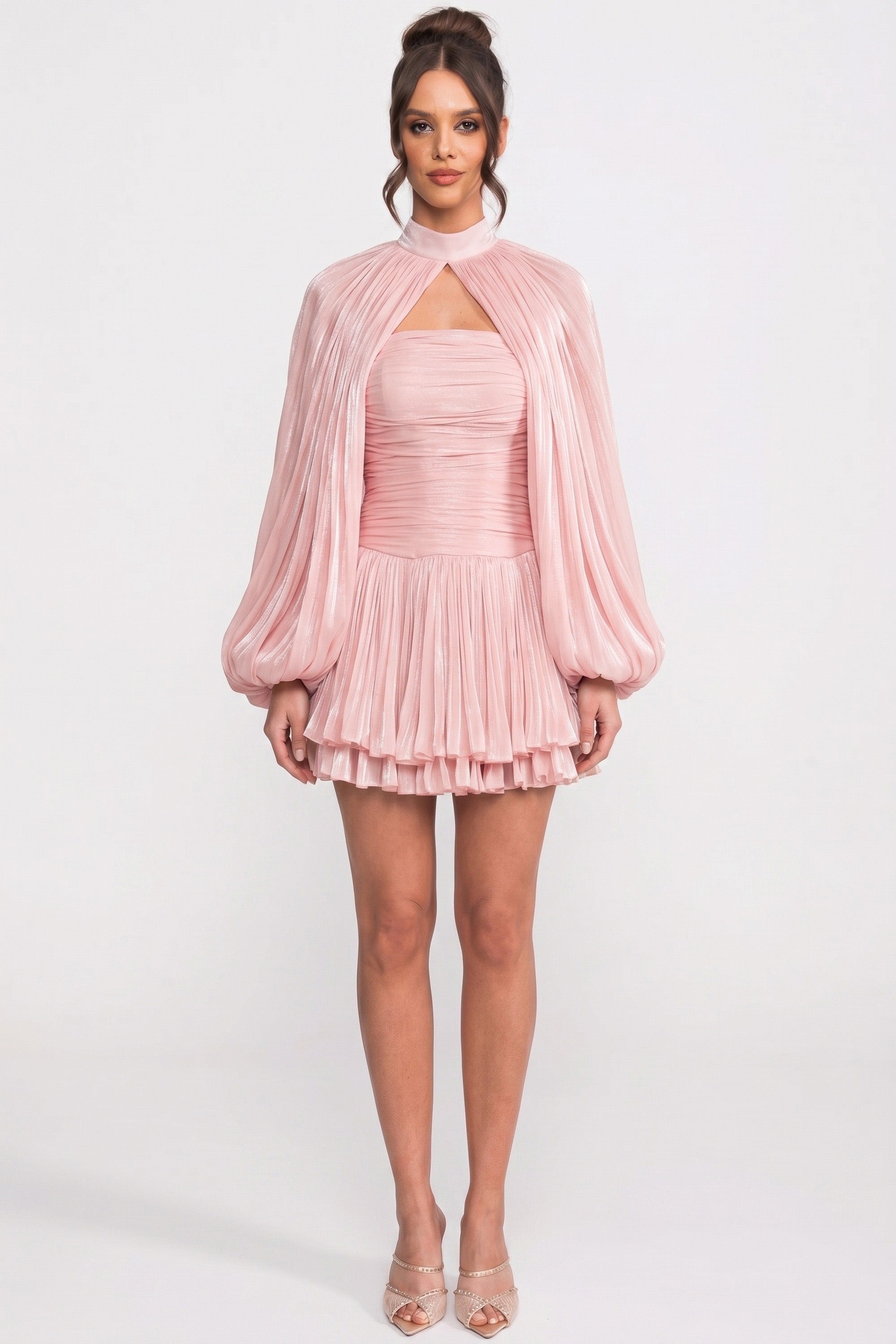 Robe mini à col montant et manches ballon avec jupe plissée - Rose 