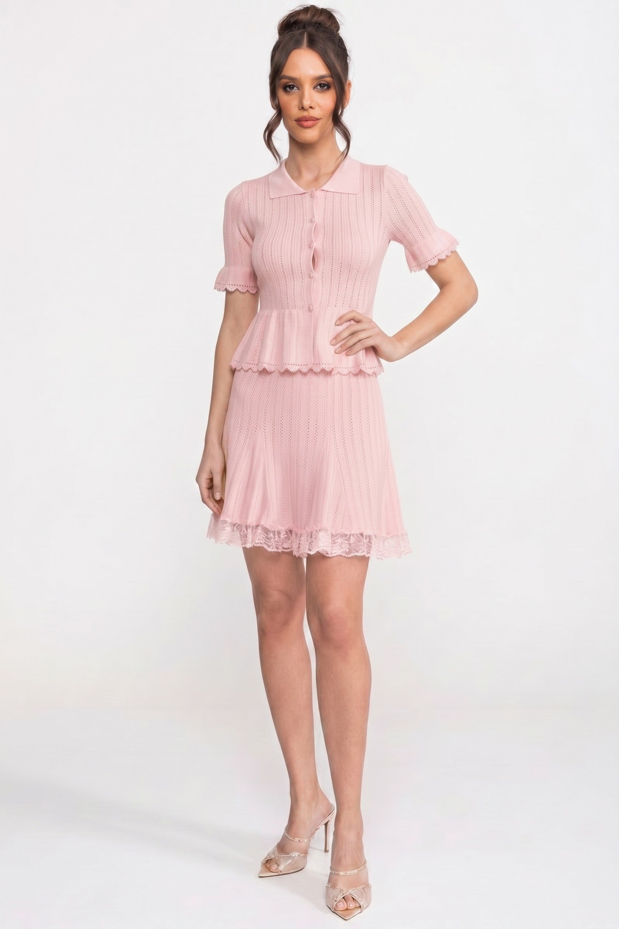 Robe mini en maille à peplum avec col Claudine et ourlet en dentelle - Rose 