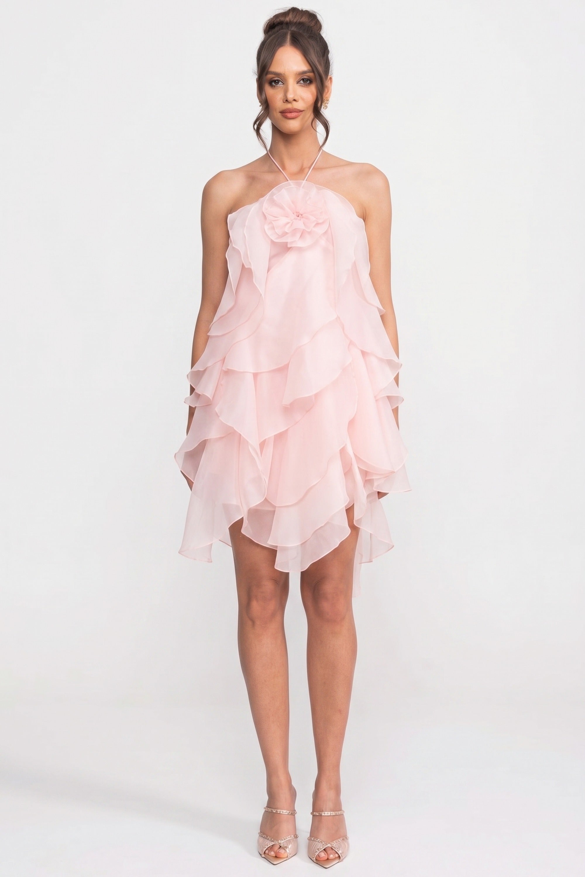 Mini-robe à volants superposés avec col halter floral 3D - Rose 