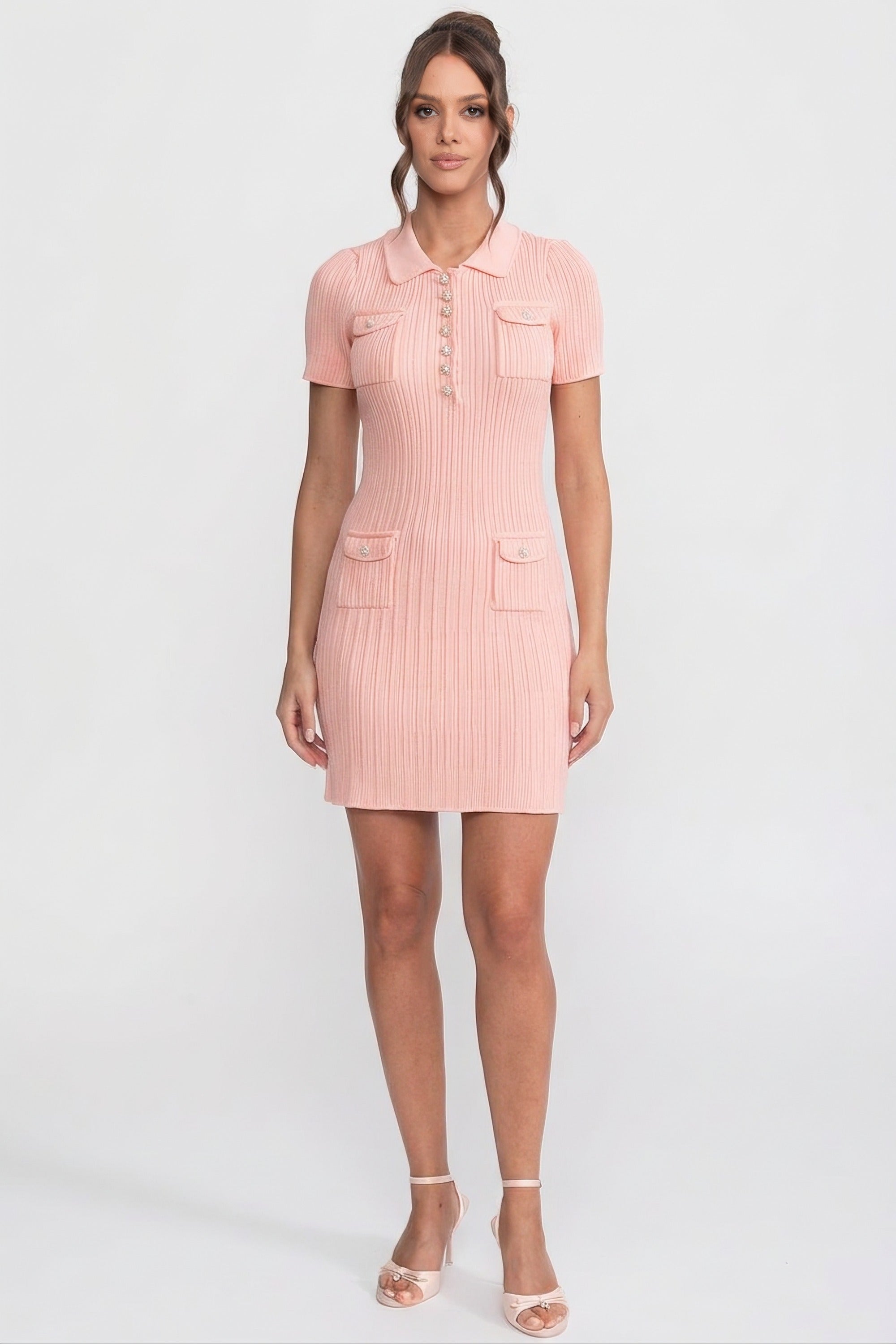 Robe mini en maille côtelée à boutons sur le devant - Peach 