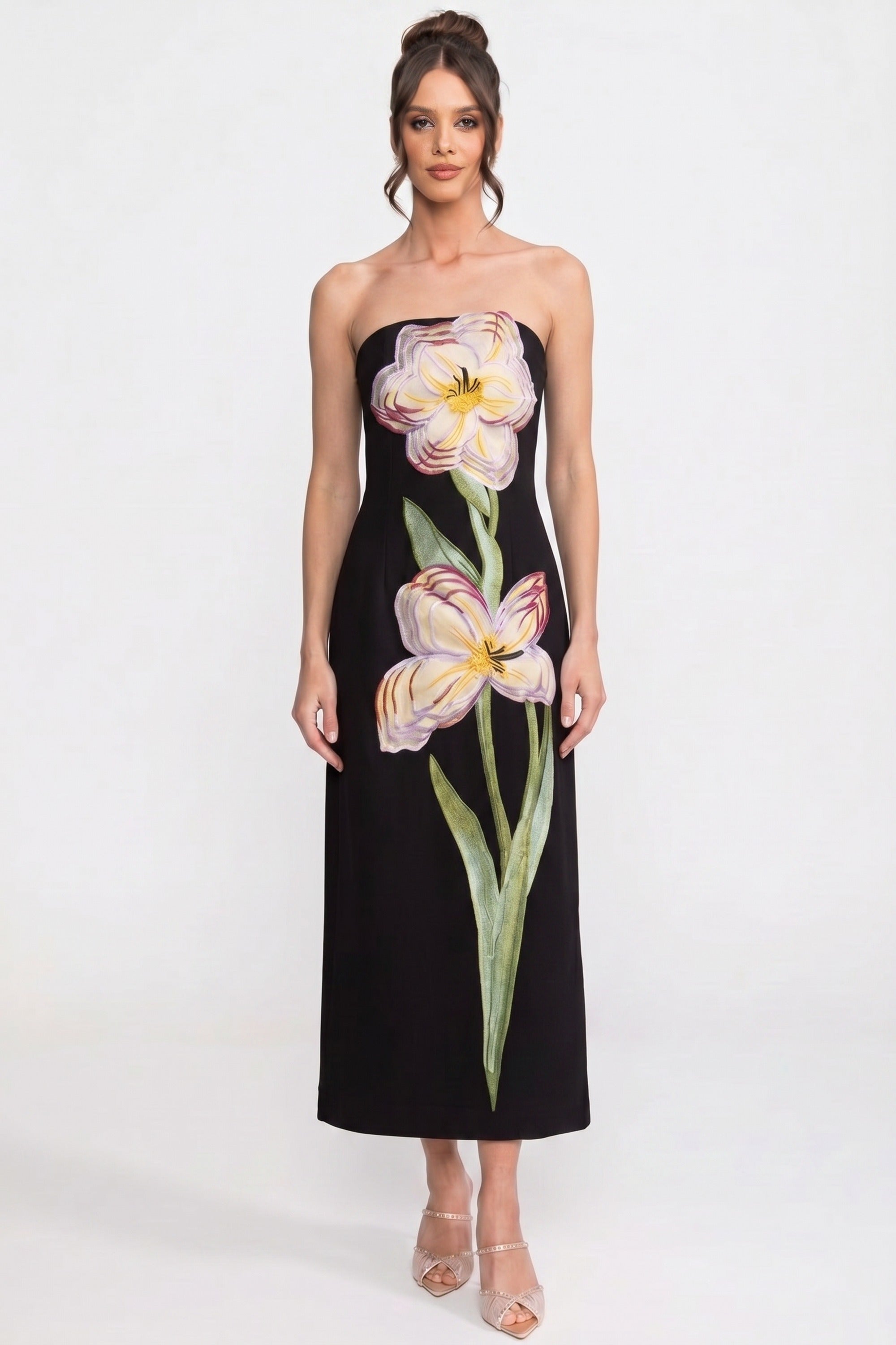 Strapless Floral-Print Maxi Dress With Column Silhouette - Black