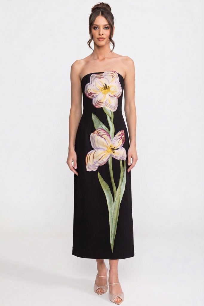 Robe maxi sans bretelles à imprimé floral avec silhouette colonne - Noir 