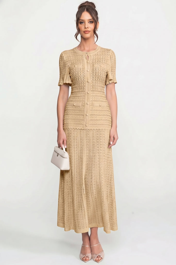 Robe midi à manches courtes avec texture en maille scintillante - Beige 