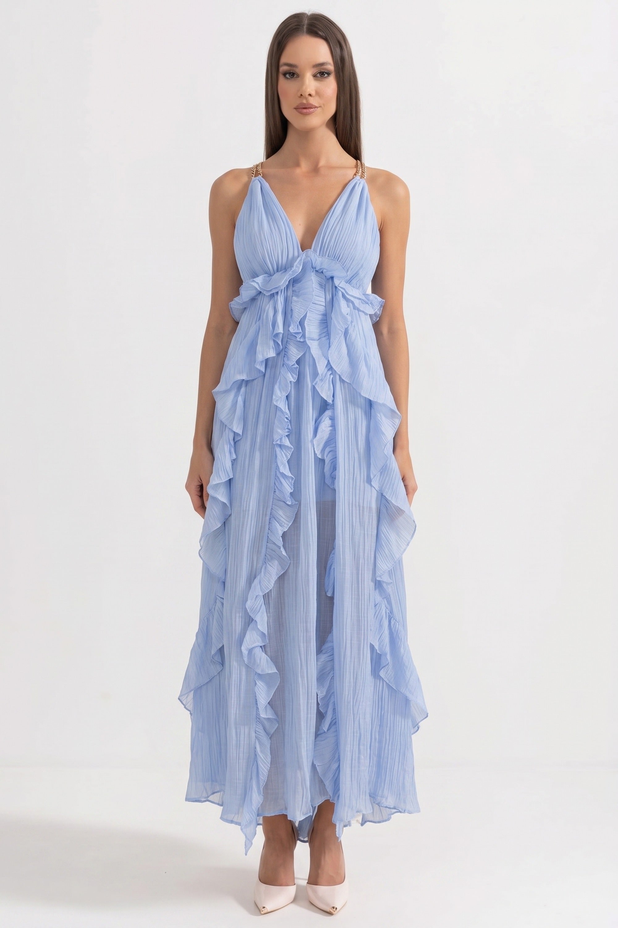 Deep V-Neck Ruffle Maxi Dress With Cascading Asymmetric Tiers - Blue
