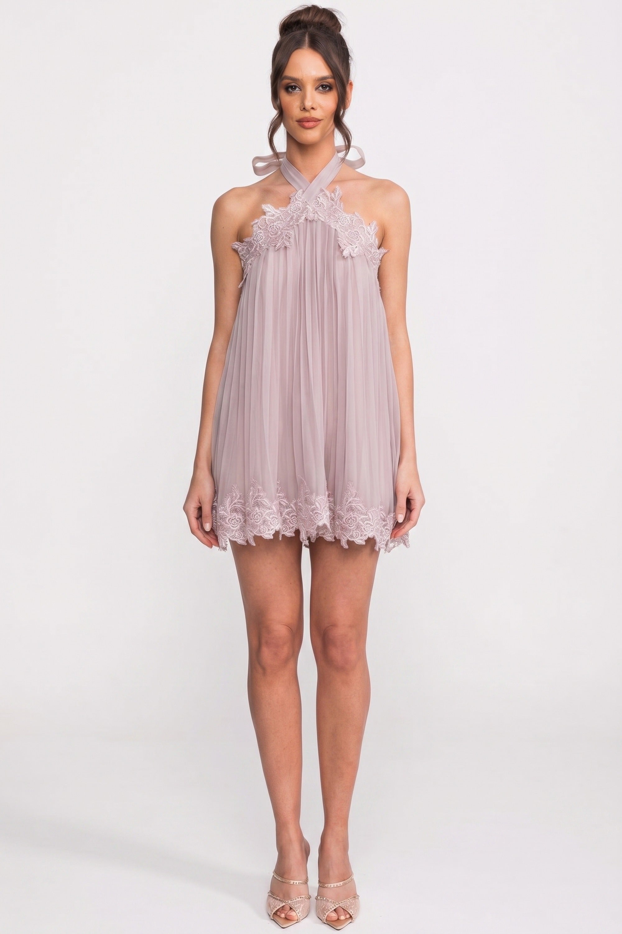 Robe mini en chiffon à col halter avec ourlet en dentelle - Rose 