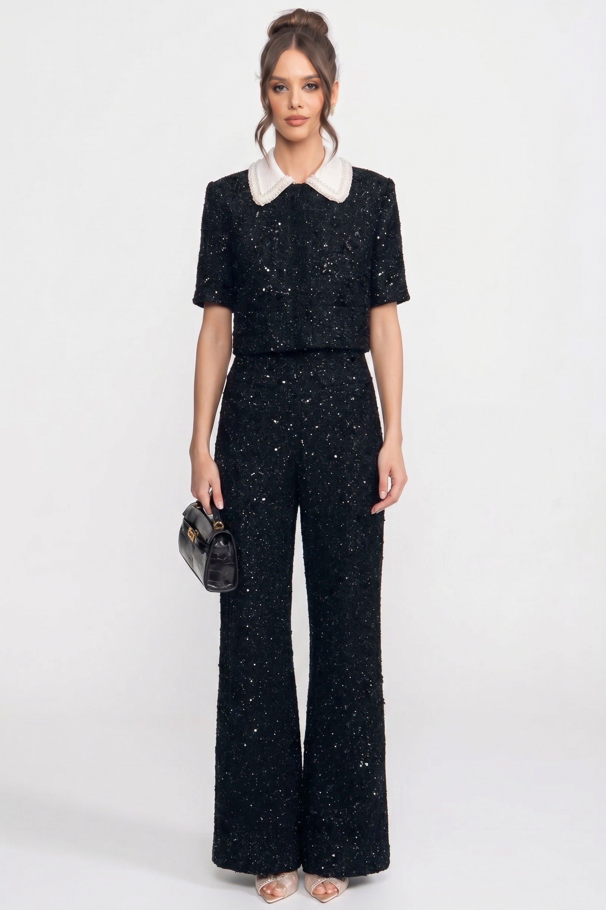 Veste courte en tweed à manches courtes avec col contrasté et détail de sequins - Noir 