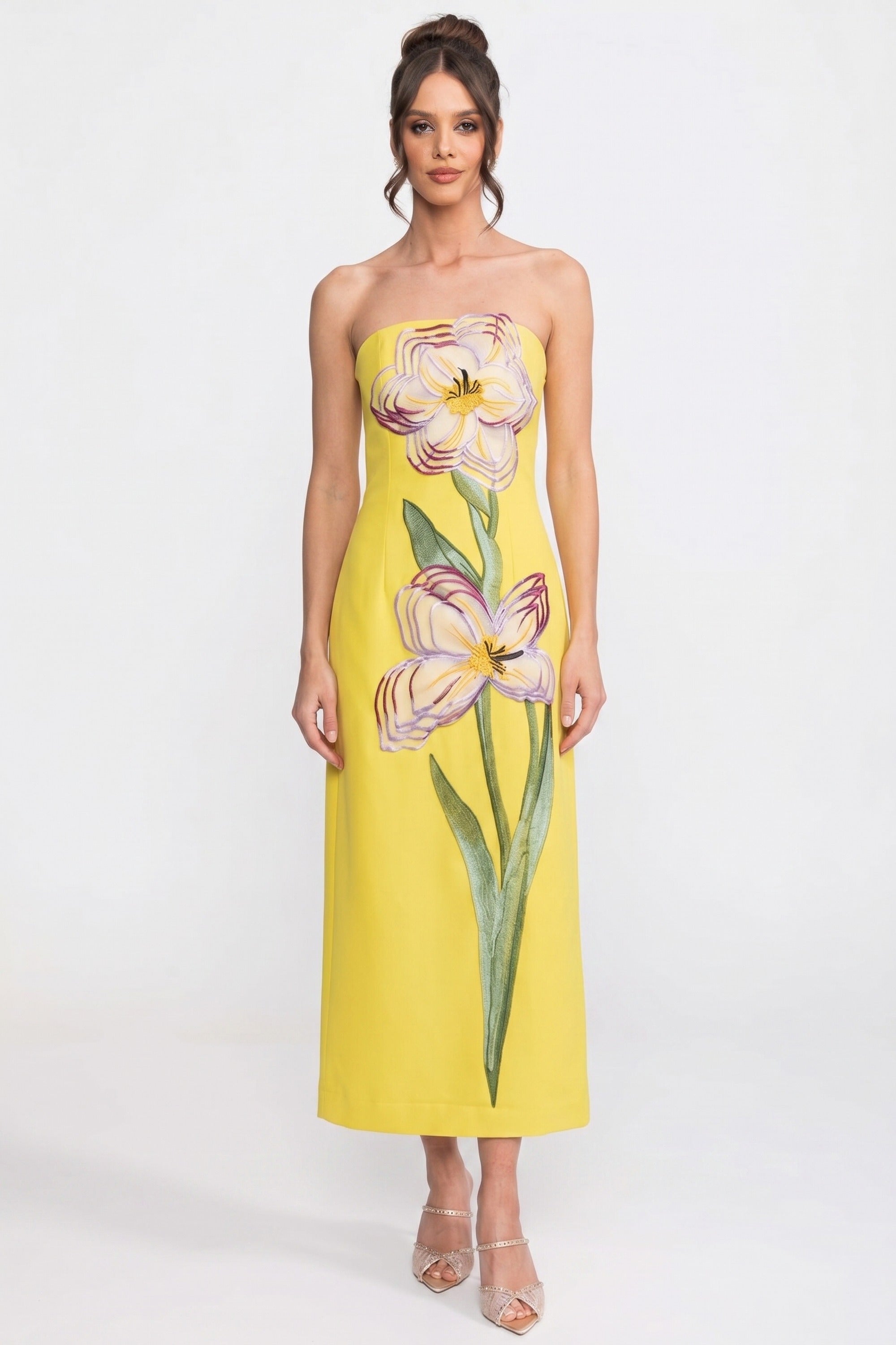 Robe longue sans bretelles à imprimé floral avec silhouette colonne - Jaune 