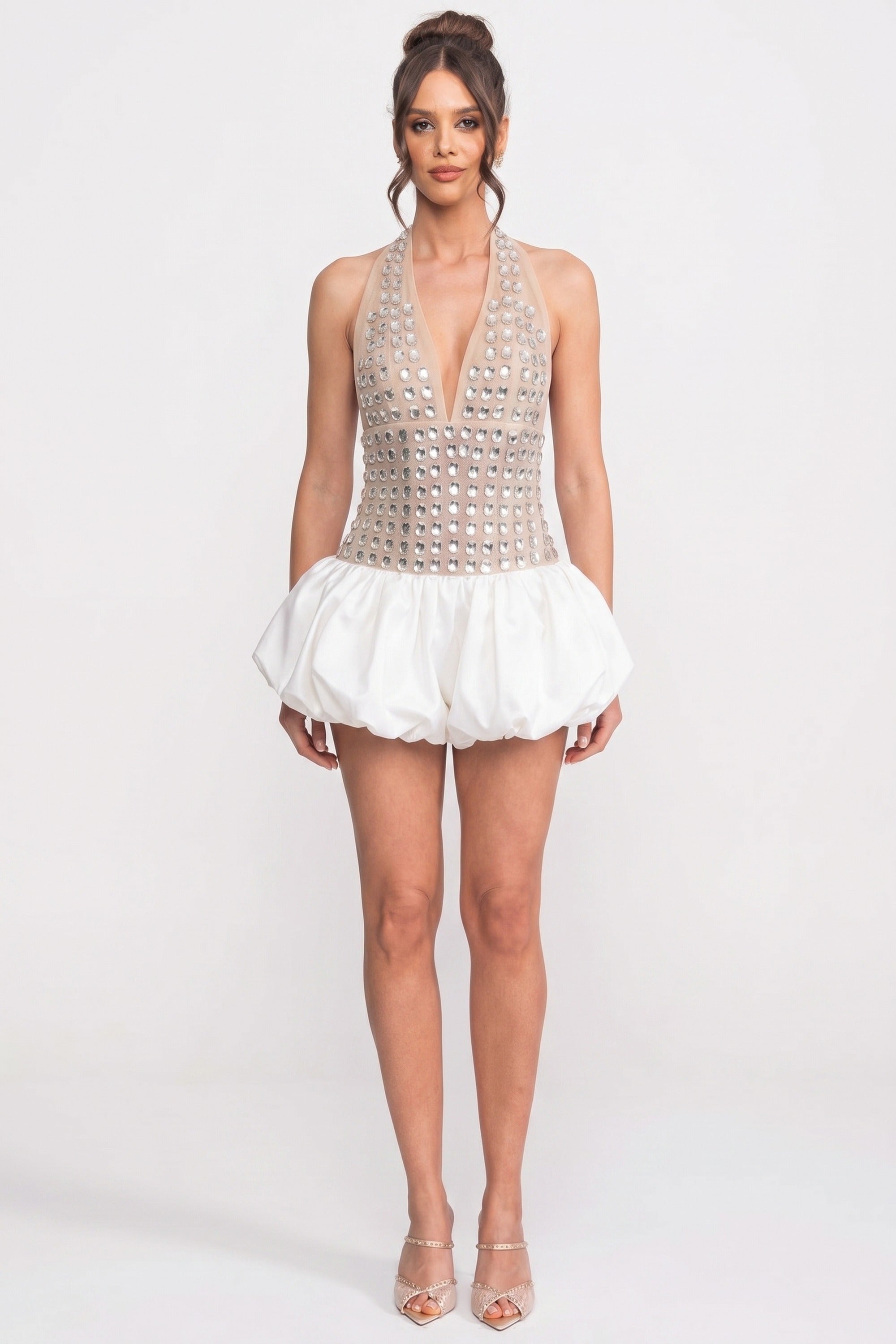 Robe courte dos nu ornée de cristaux avec jupe boule - Blanc 