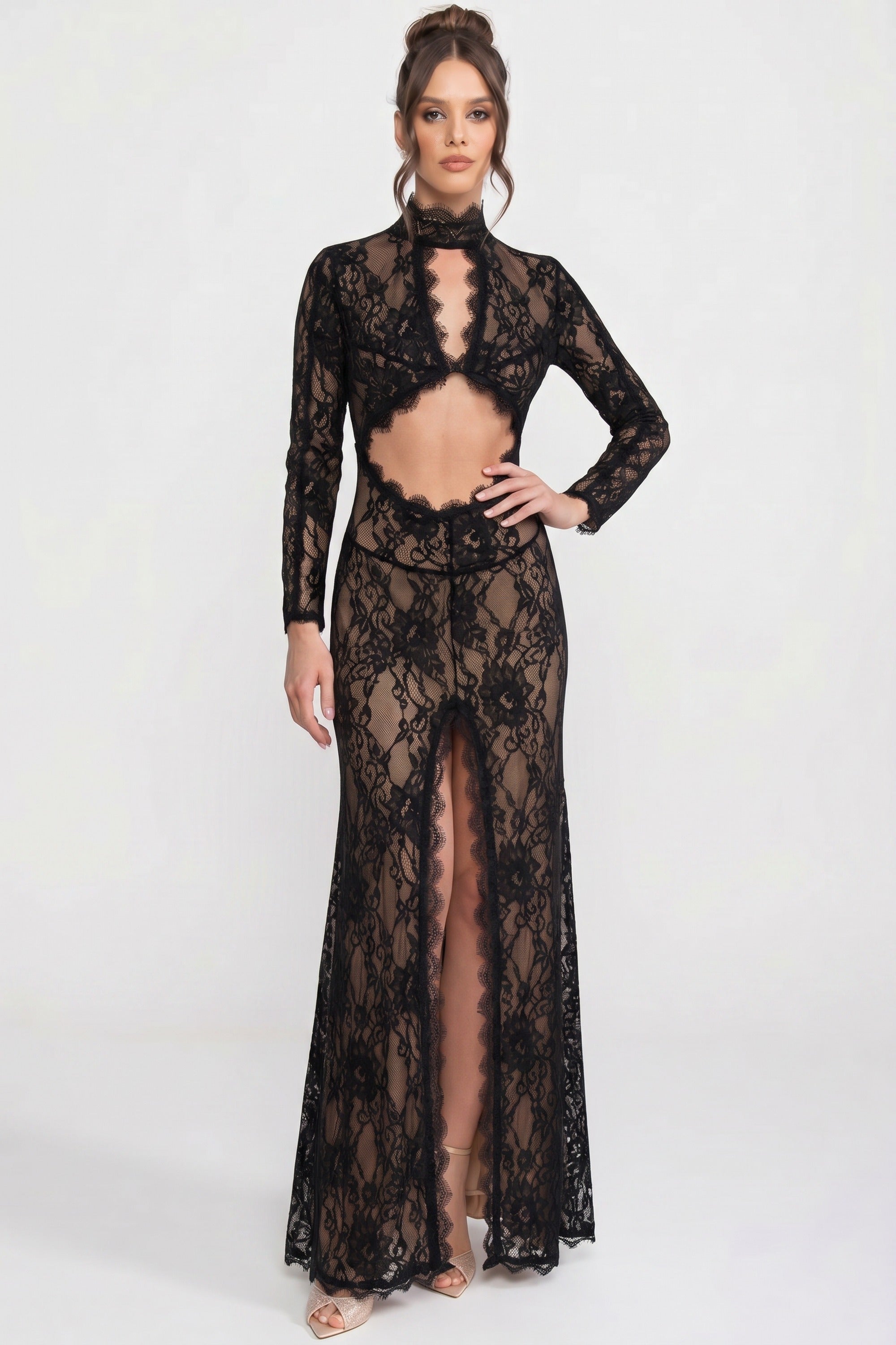 Robe en dentelle élégante avec col montant, découpe à l’avant et fente - Noir 