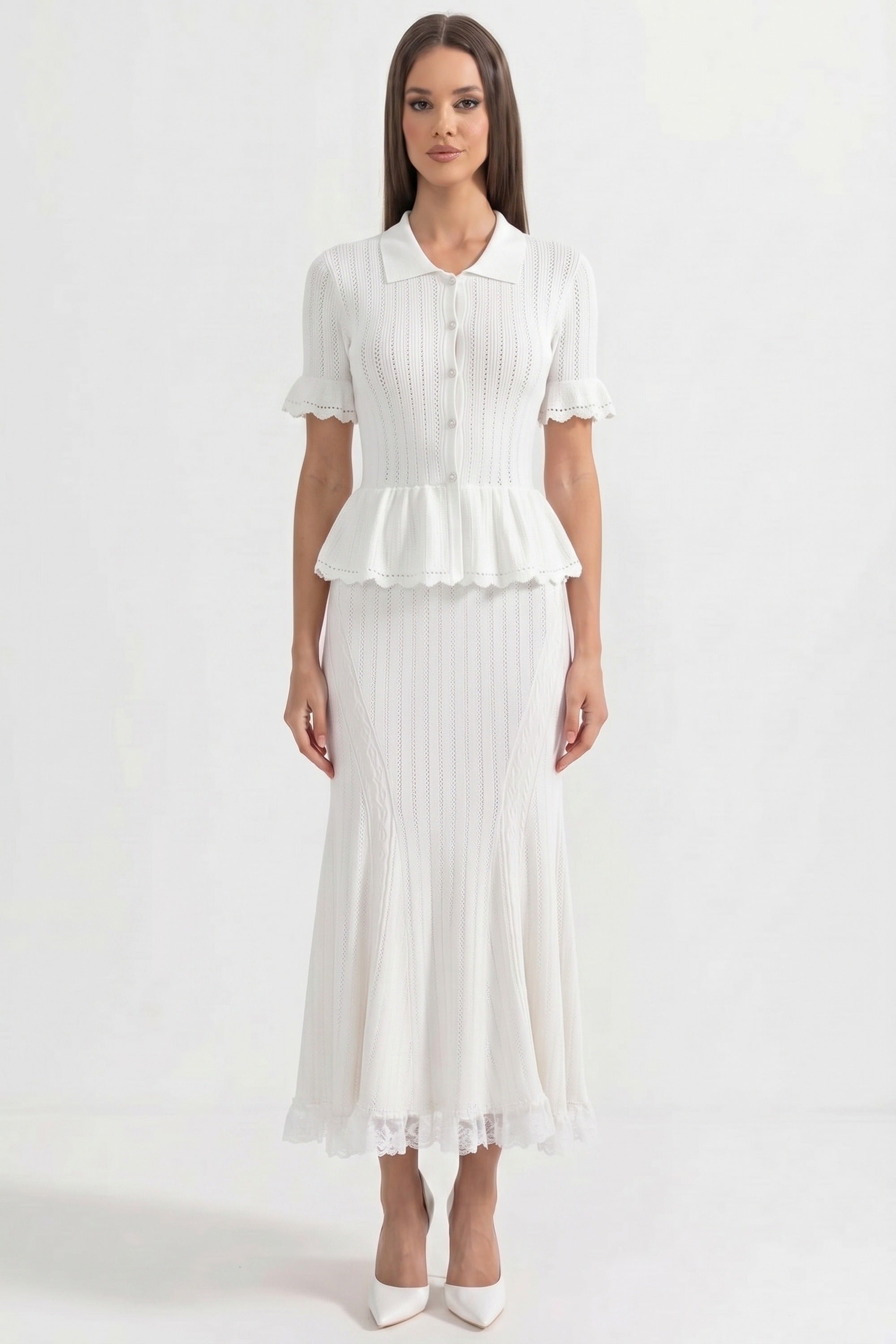 Robe longue peplum en maille à col Claudine avec ourlet en dentelle - Blanc 