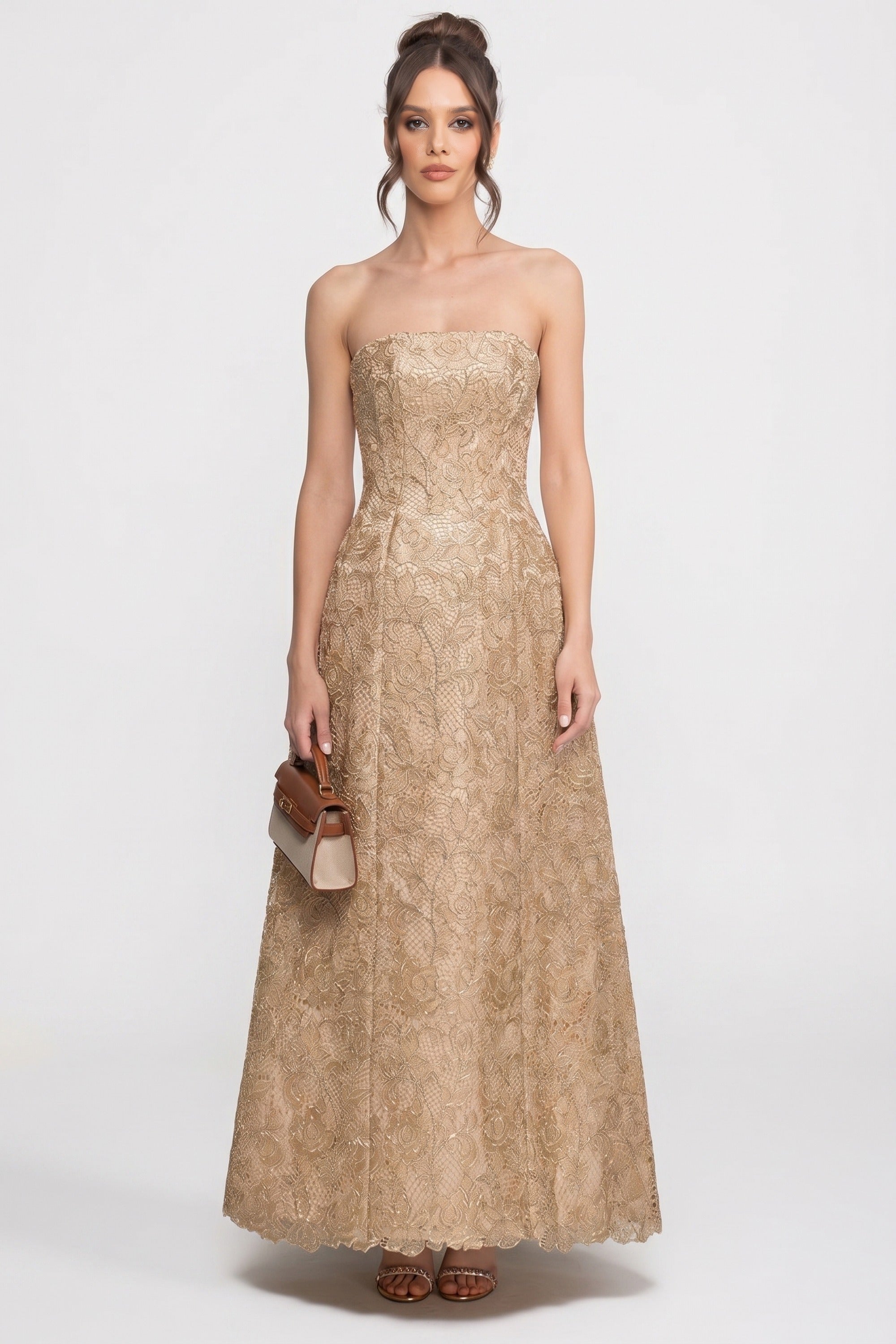 Robe de bal en dentelle florale sans bretelles avec jupe ample en A - Or 