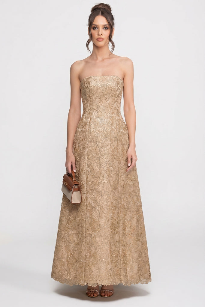 Robe de bal en dentelle florale sans bretelles avec jupe ample en A - Or 