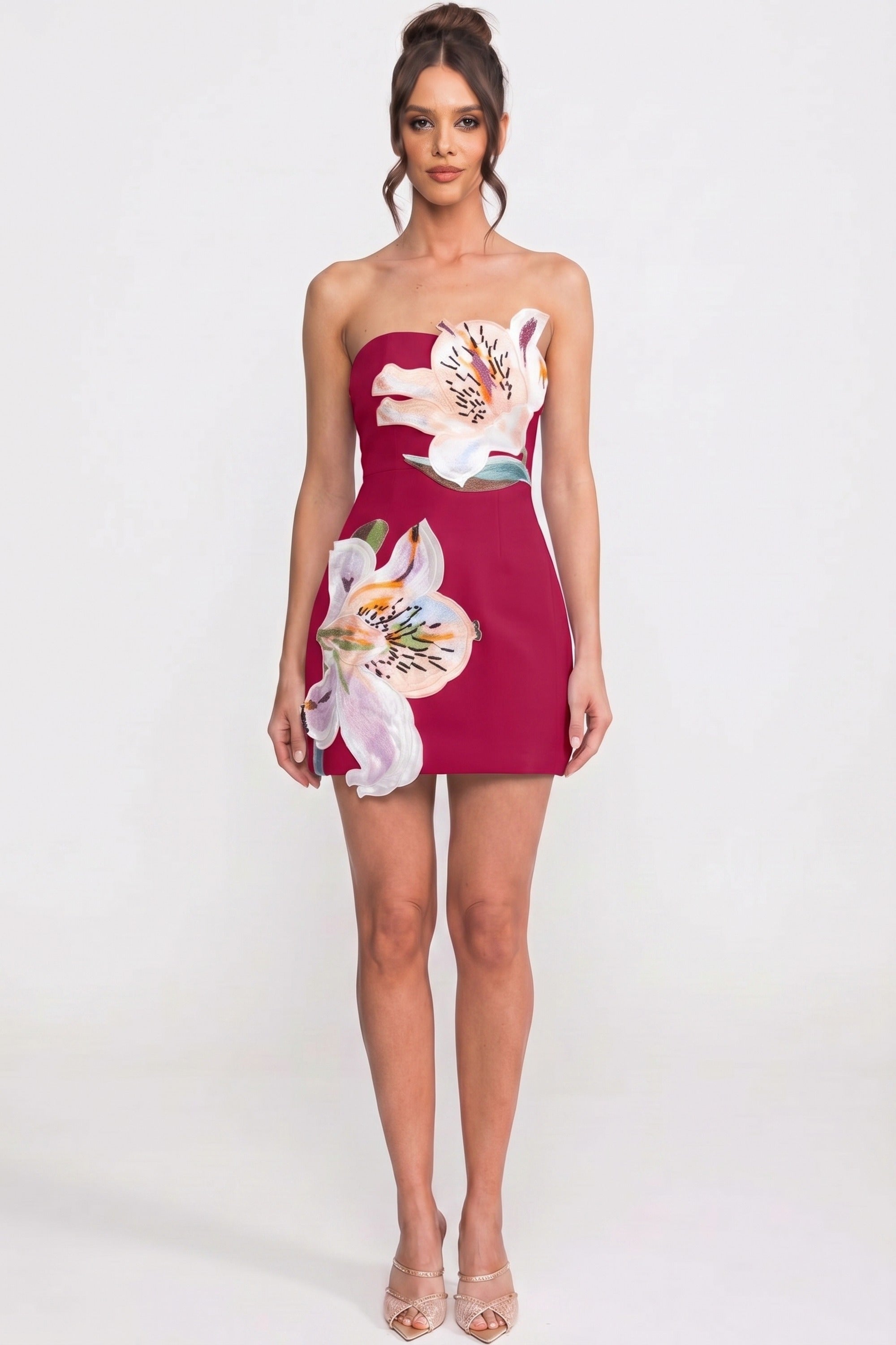 Robe mini à imprimé floral sans bretelles avec corsage structuré - Rouge 