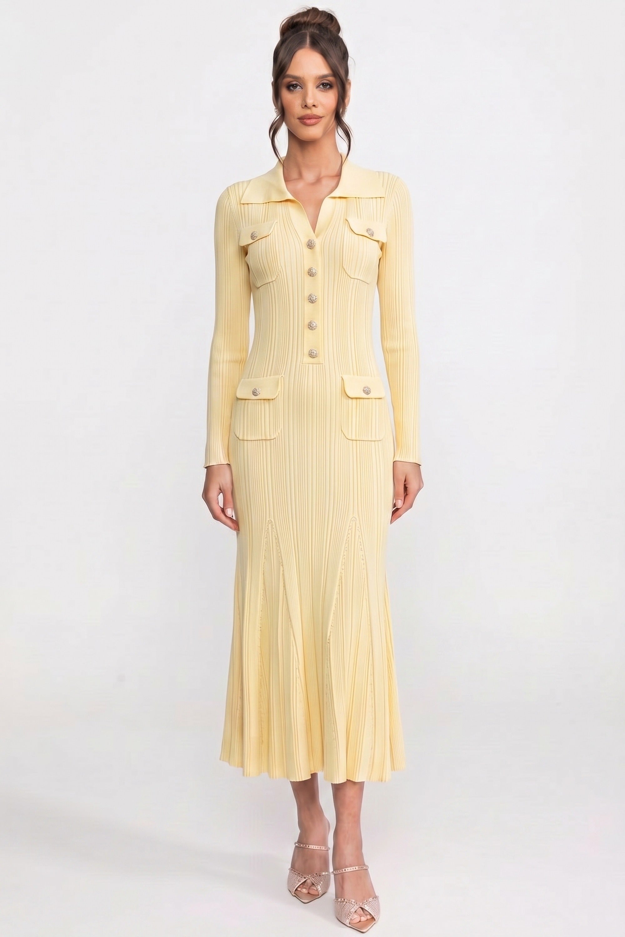 Robe longue en maille à manches longues avec boutonnage frontal et poches plaquées - Jaune 