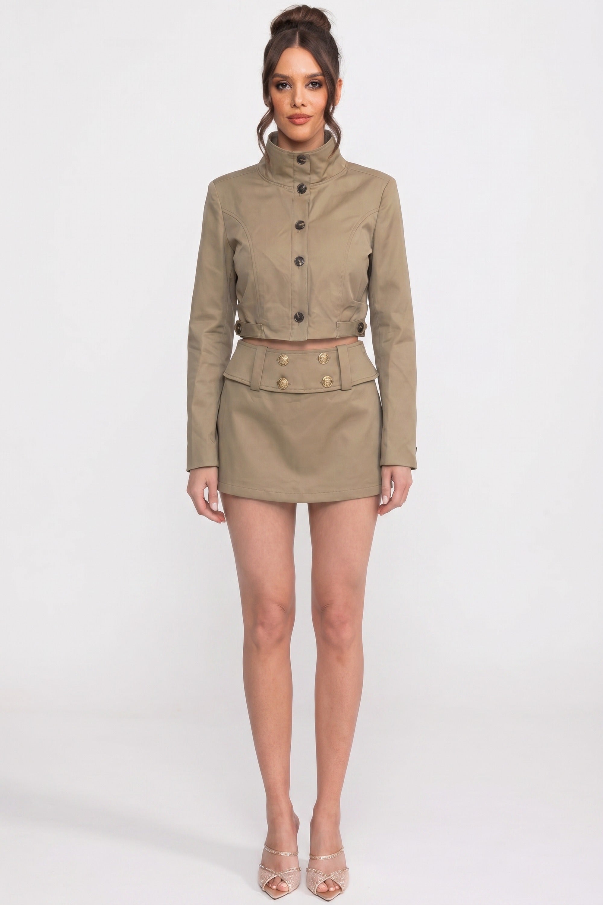 Double-Breasted Cropped Jacket And Mini Skirt Co-Ord Set - Khaki