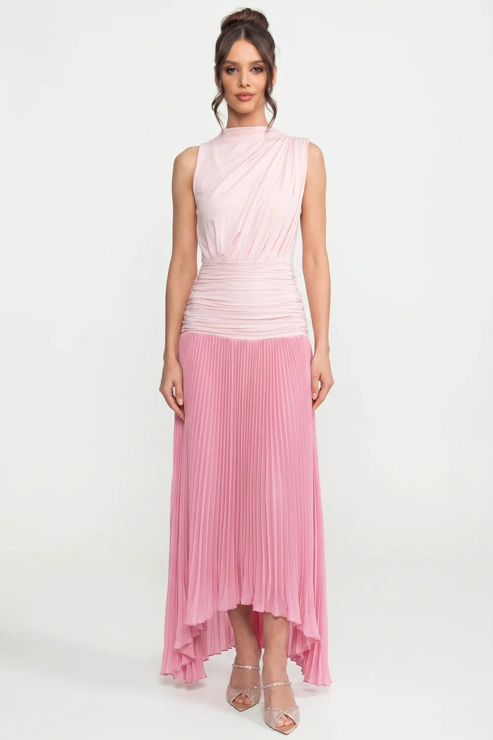 Robe longue plissée à col halter avec détail de taille froncée - Rose 