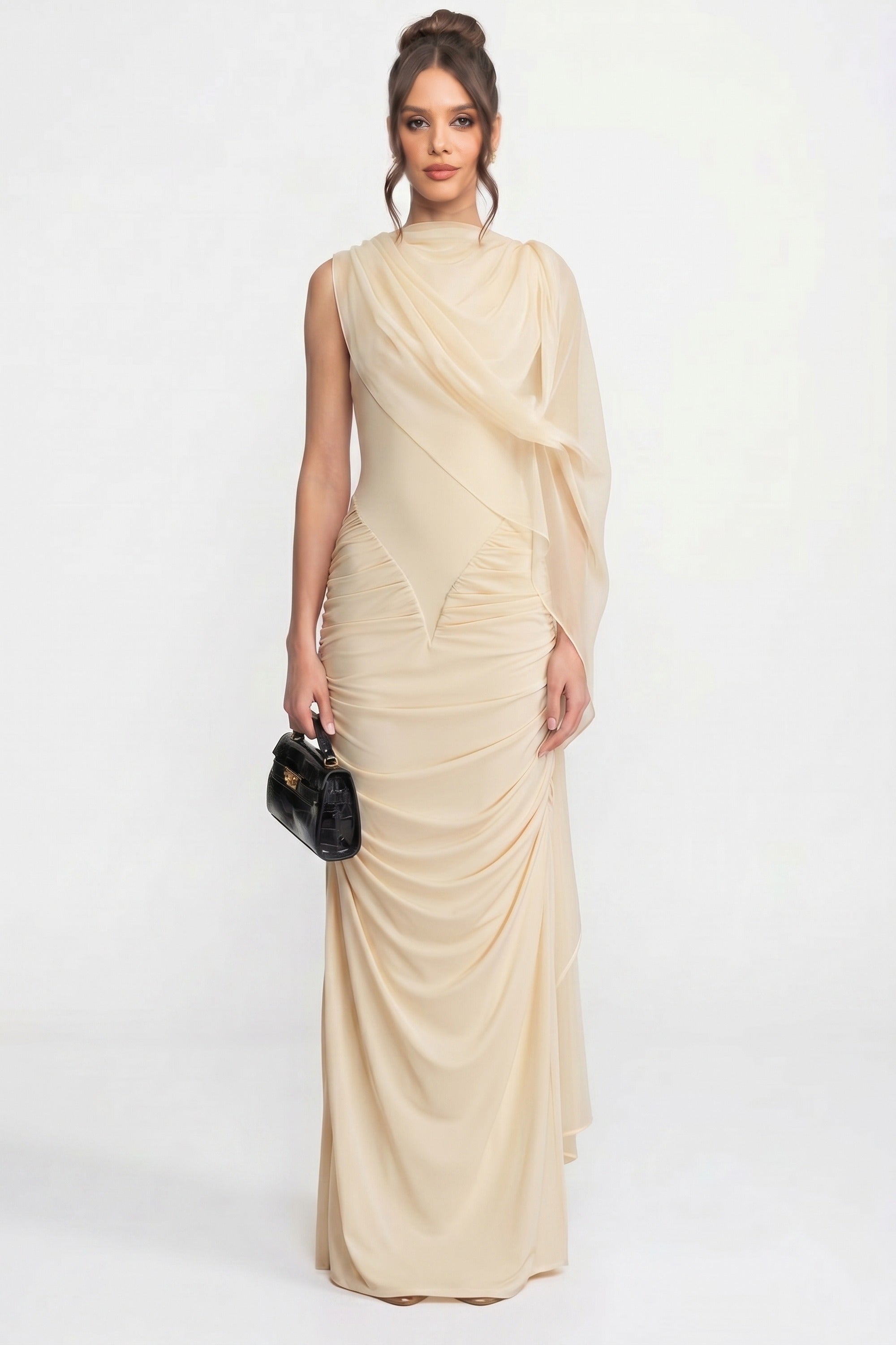 Robe Maxi Drapée à Une Épaule avec Détail Écharpe Transparente - Jaune 