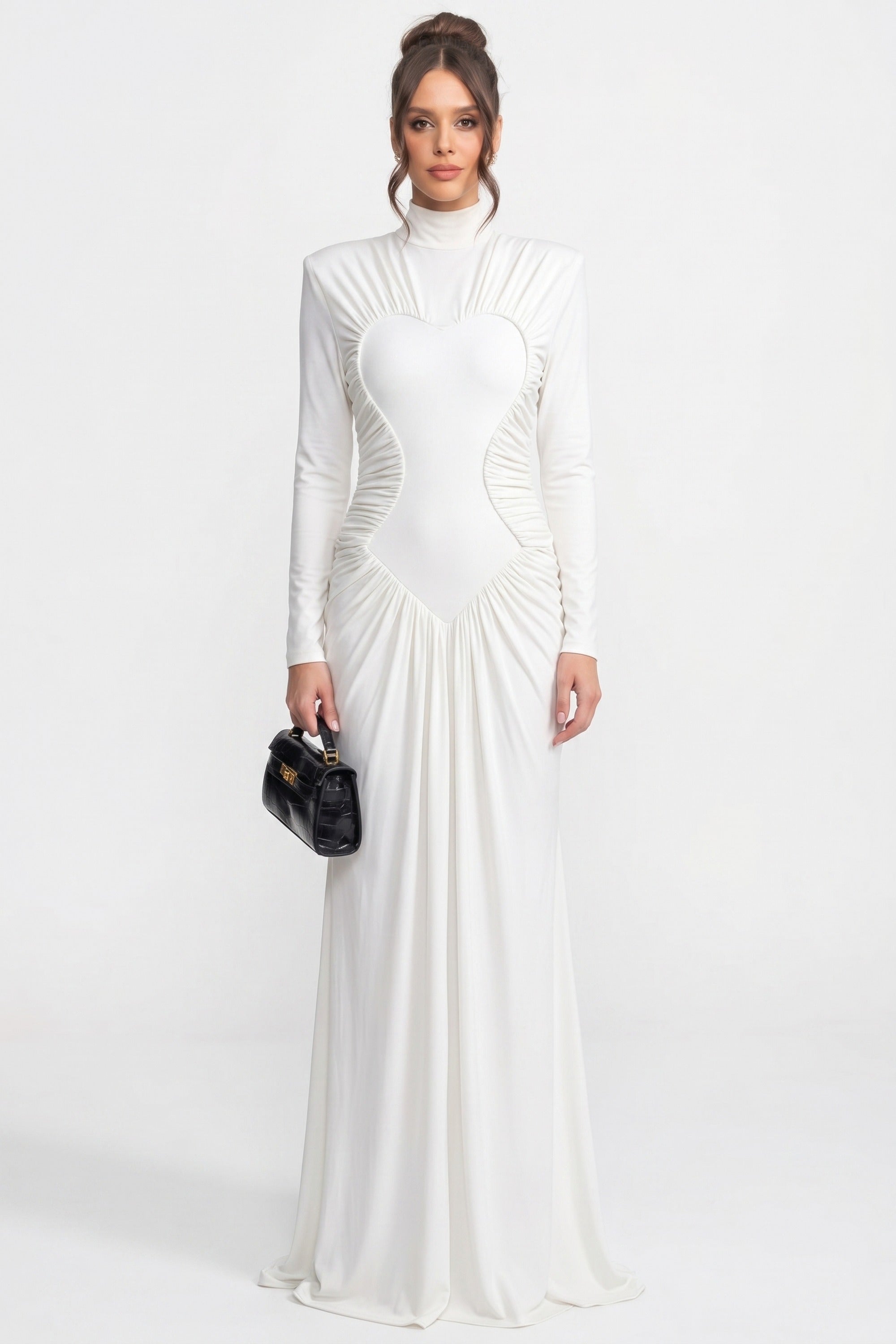 Robe sirène froncée à col montant et manches longues avec drapé diagonal - blanc 