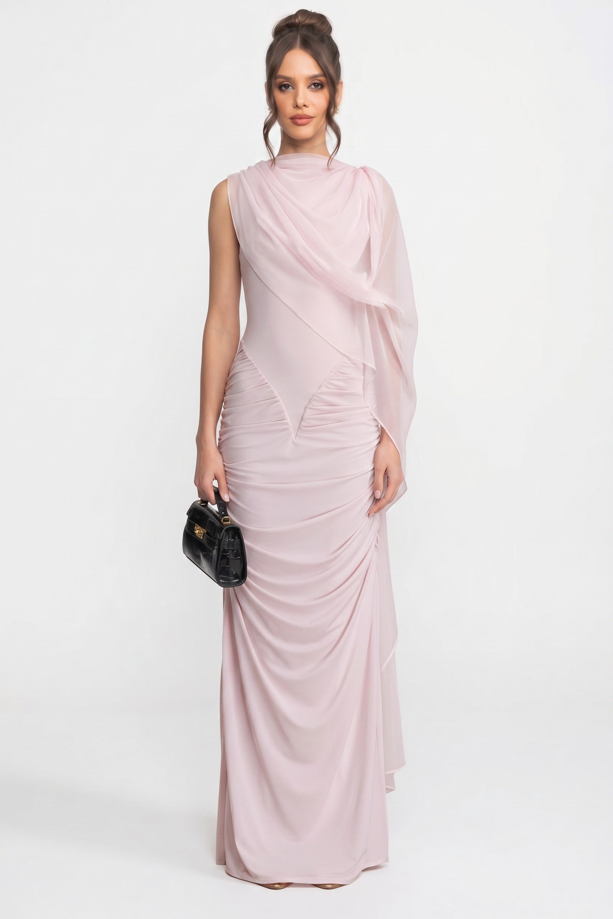 Robe longue drapée à une épaule avec détail écharpe transparente - Rose 