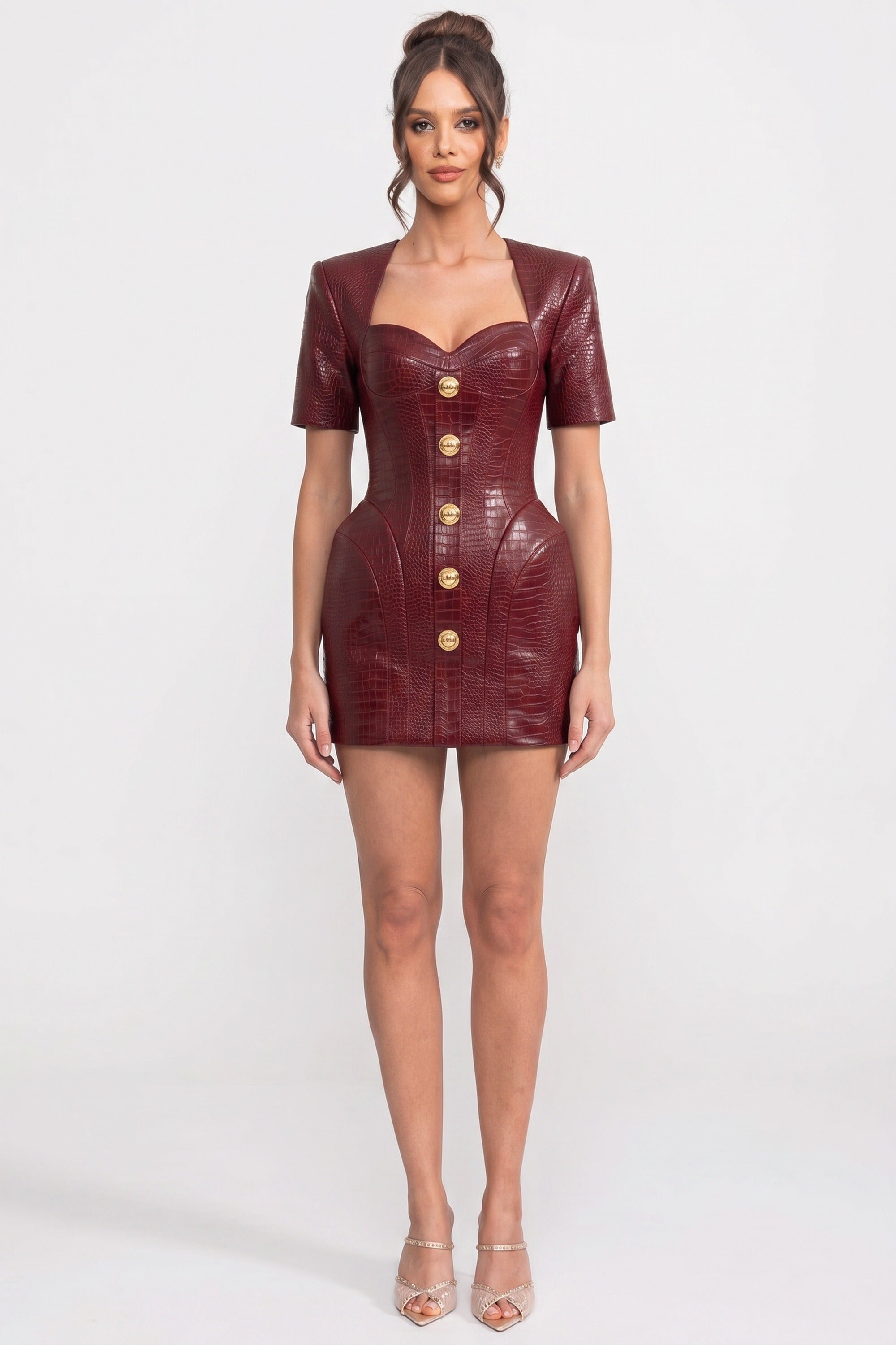 Robe Mini Effet Croco Avec Boutons Dorés Sur Le Devant - Rouge 