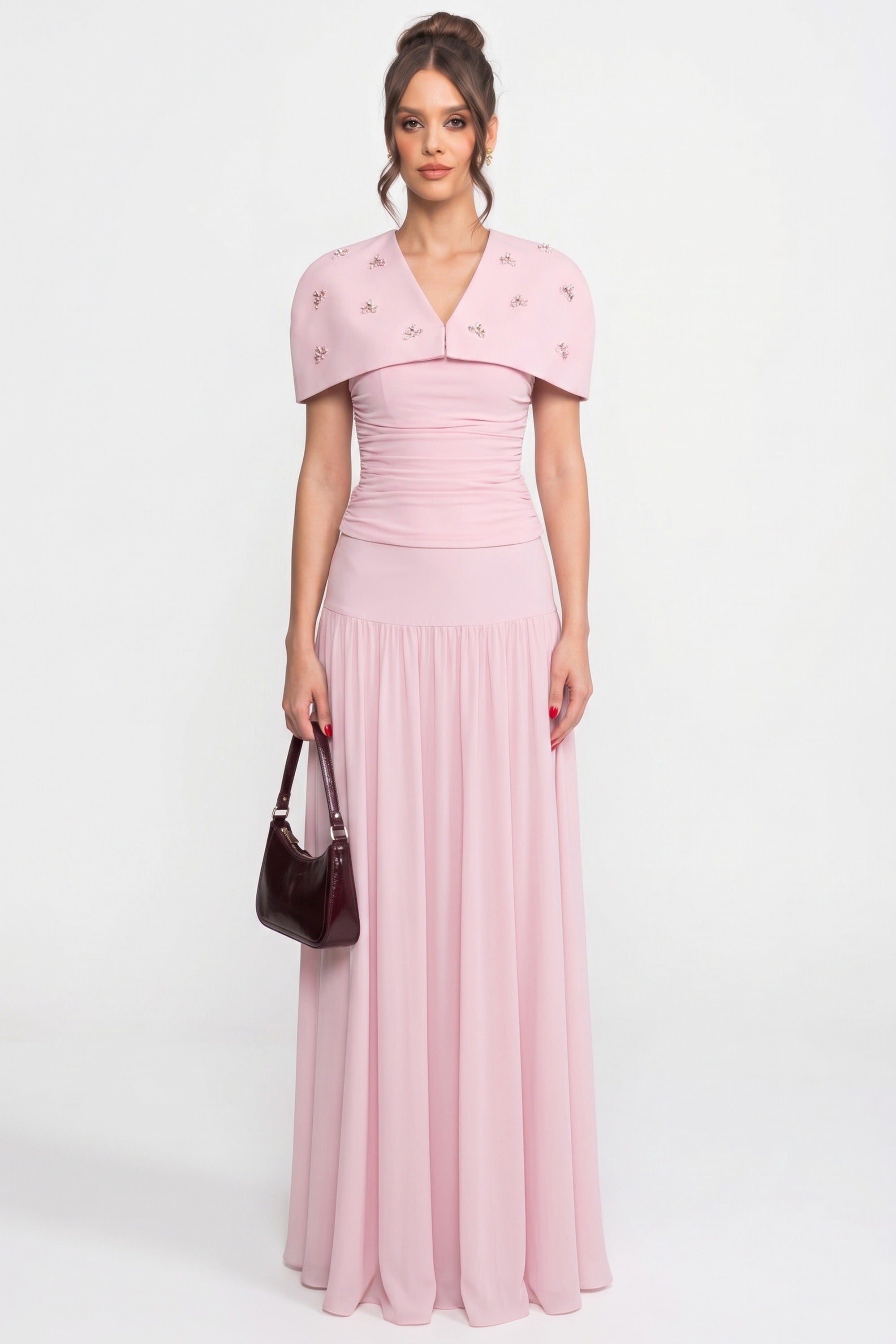 Ensemble coordonné 3 pièces avec top froncé, cape amovible et jupe maxi - Rose 