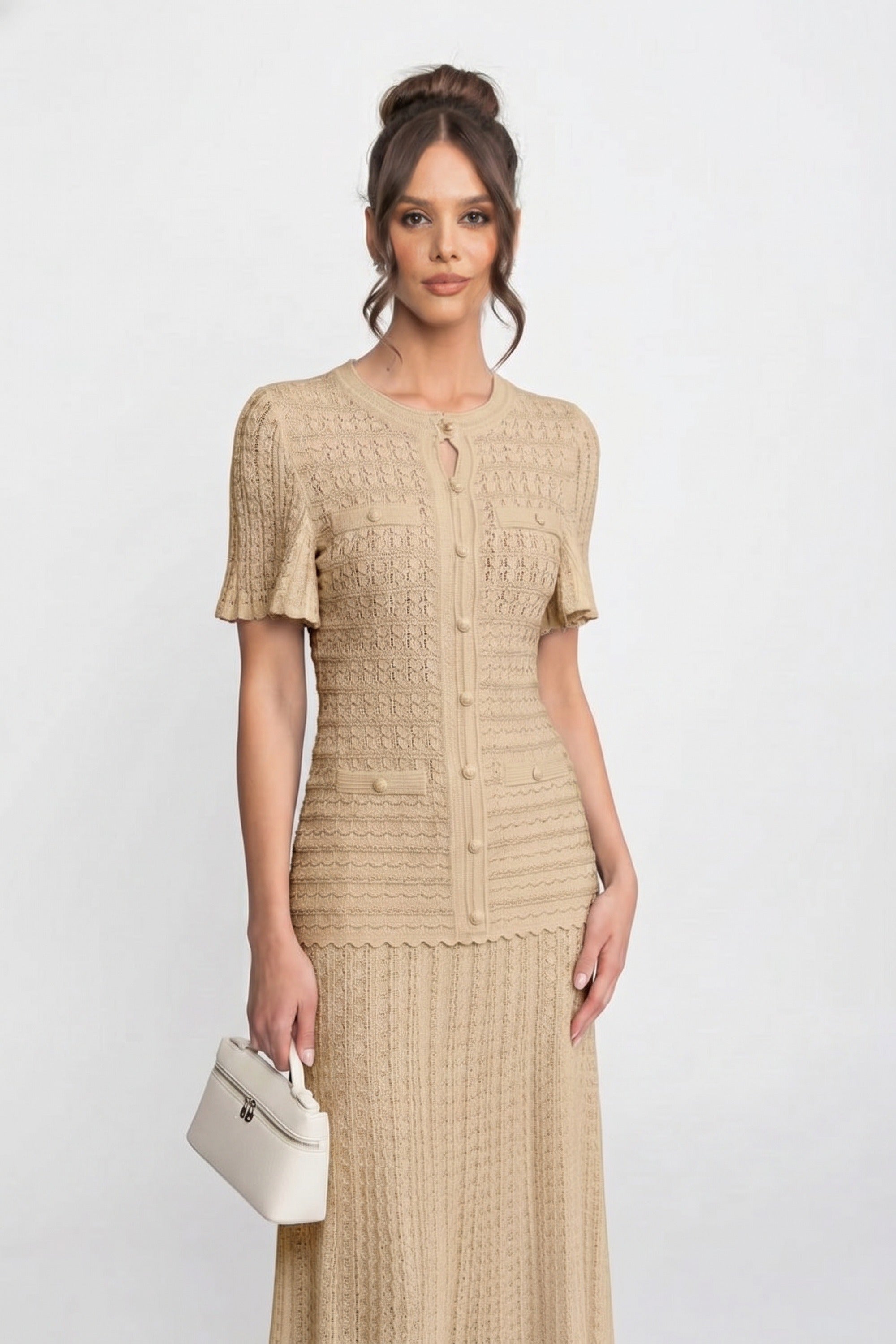Robe midi à manches courtes avec texture en maille scintillante - Beige 