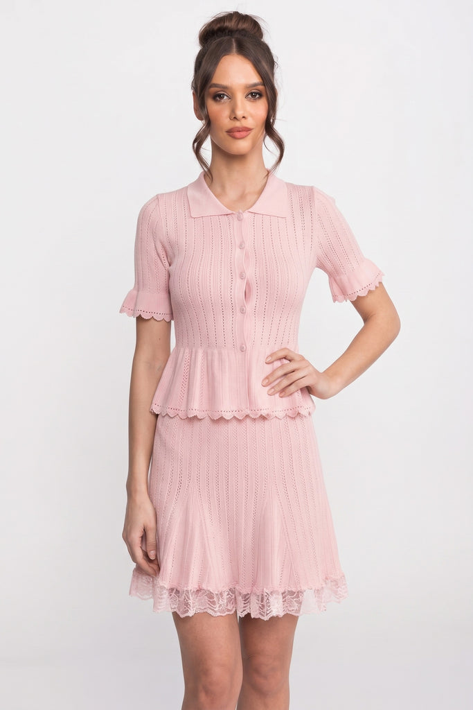 Robe mini en maille à peplum avec col Claudine et ourlet en dentelle - Rose 