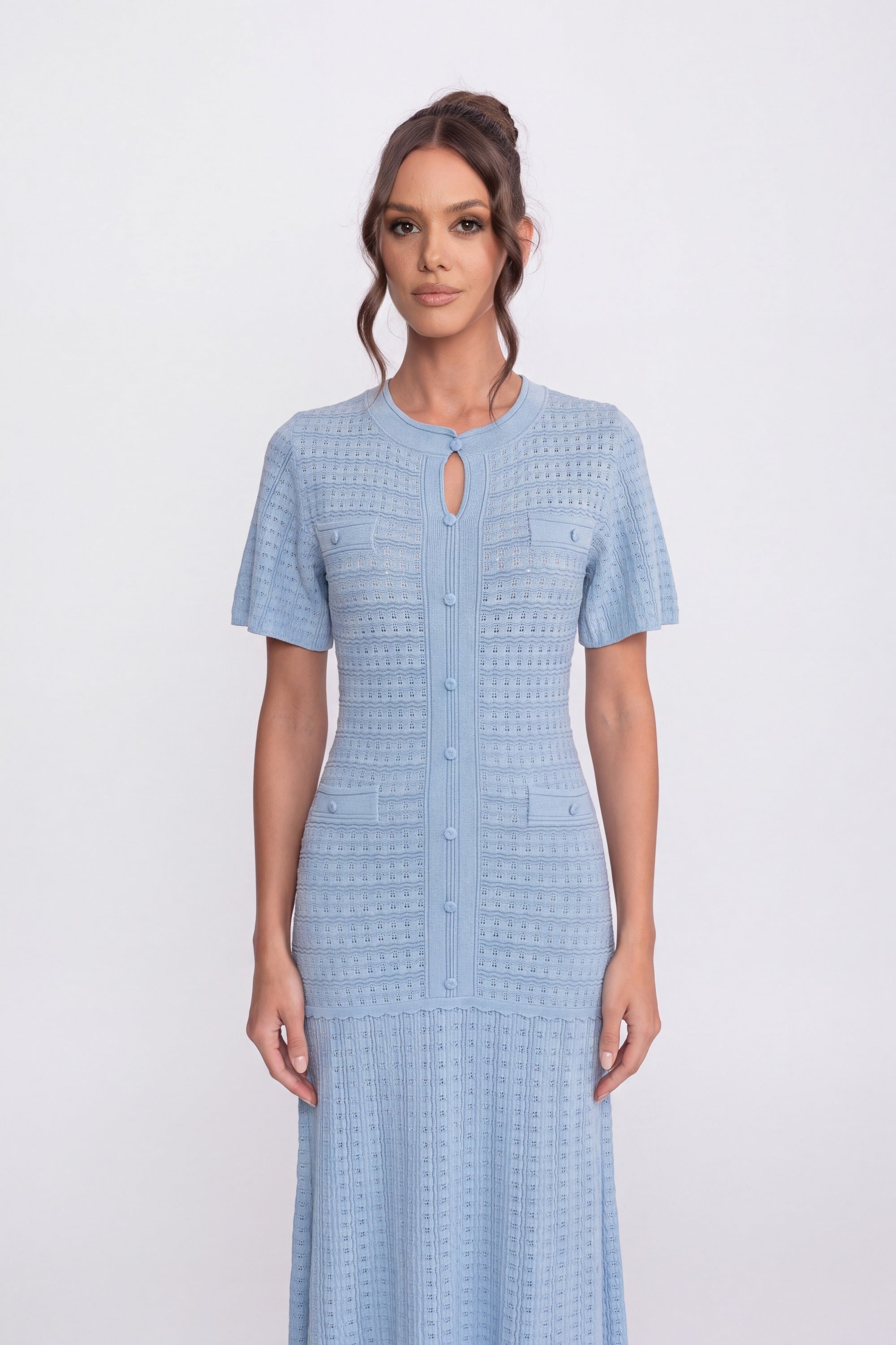 Robe midi à manches courtes avec texture tricotée scintillante - Light Blue 