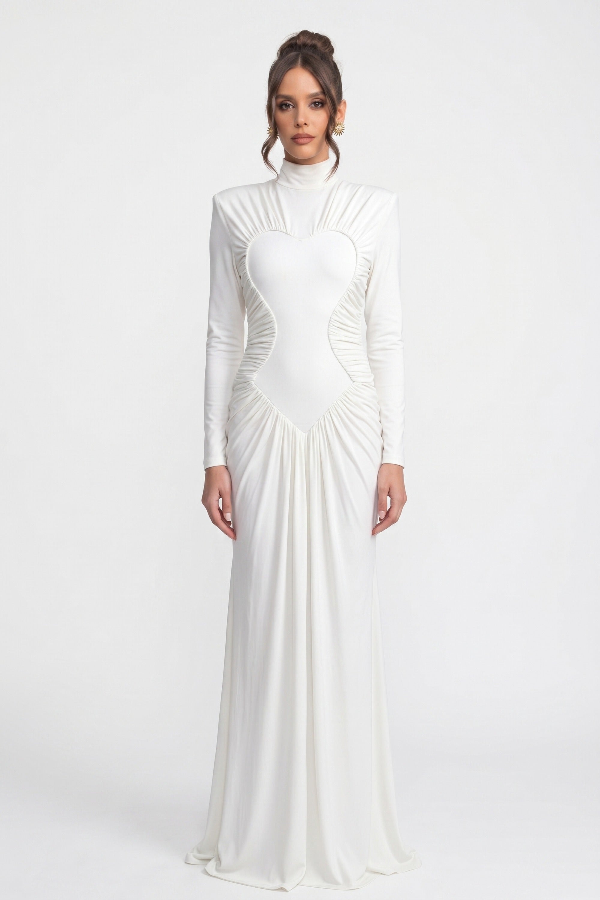 Robe sirène froncée à col montant et manches longues avec drapé diagonal - blanc 