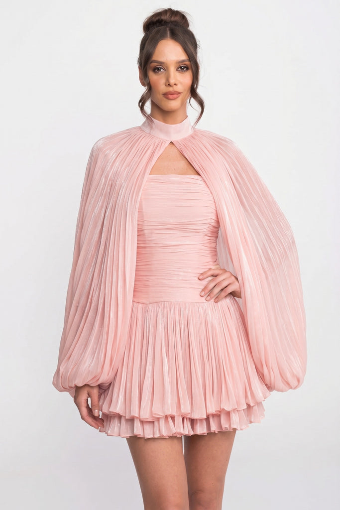 Robe mini à col montant et manches ballon avec jupe plissée - Rose 