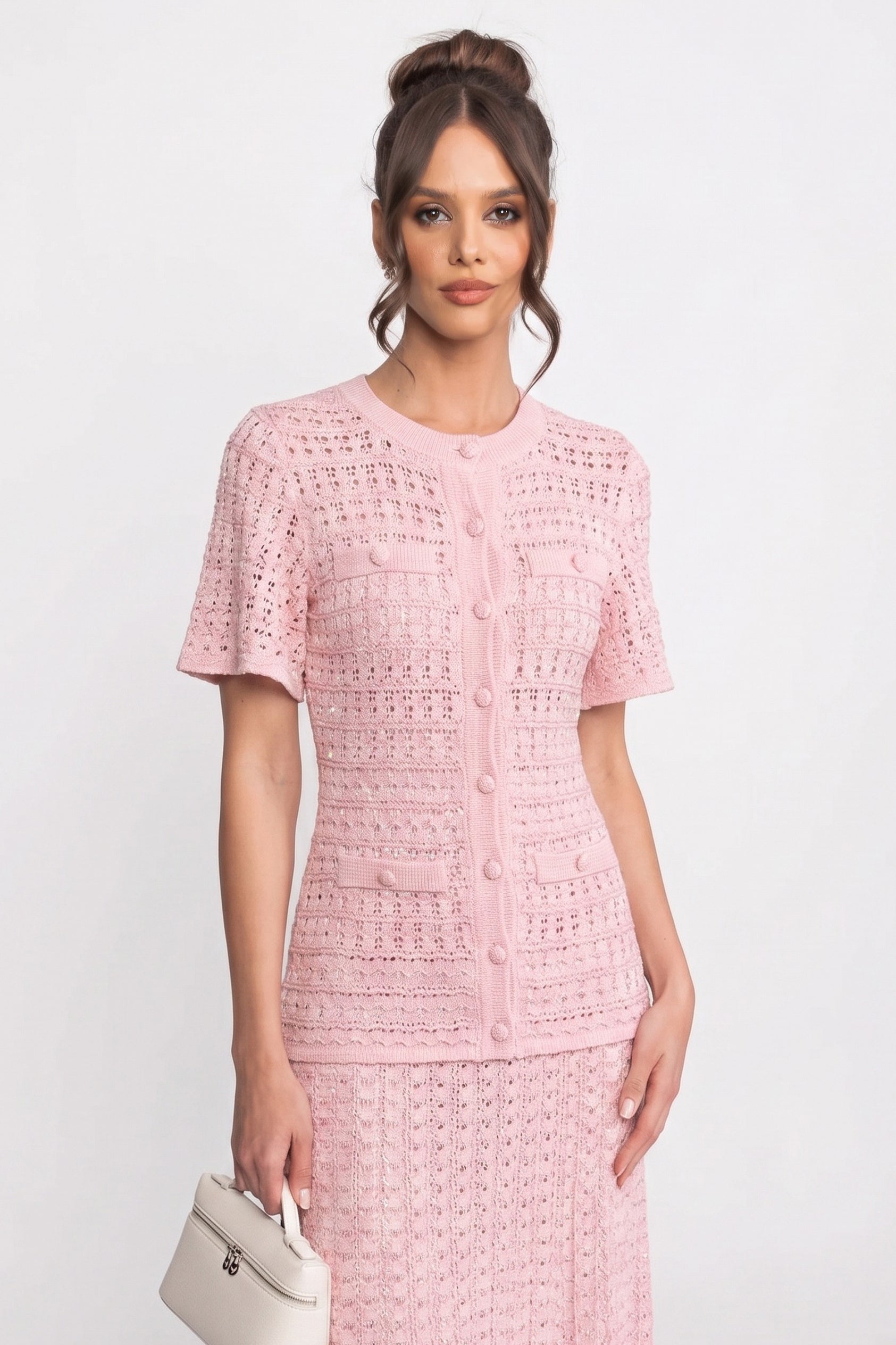 Robe midi à manches courtes avec texture en maille scintillante - Pink 