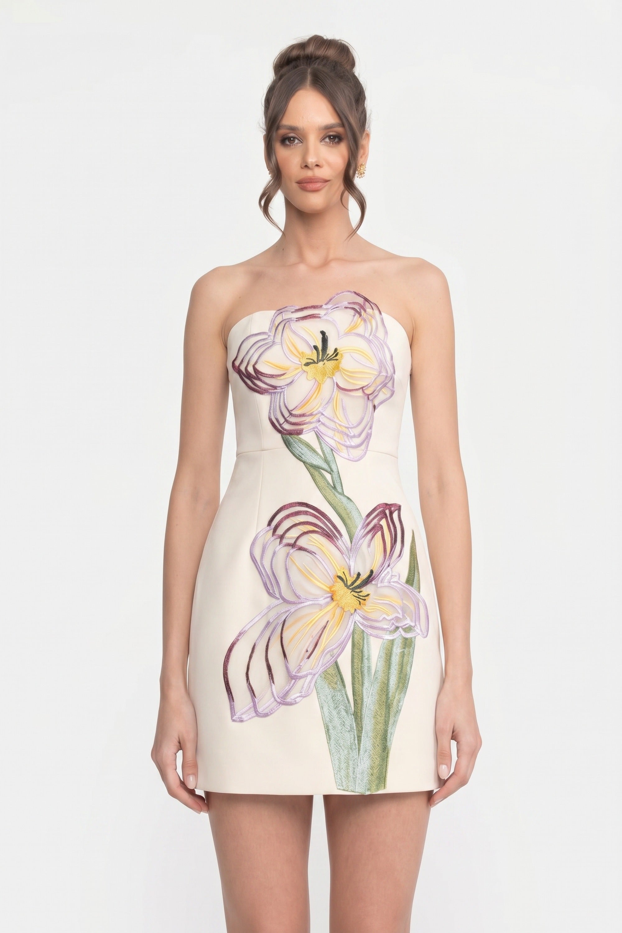 Mini robe bustier avec appliqué floral iris 3D - Blanc 