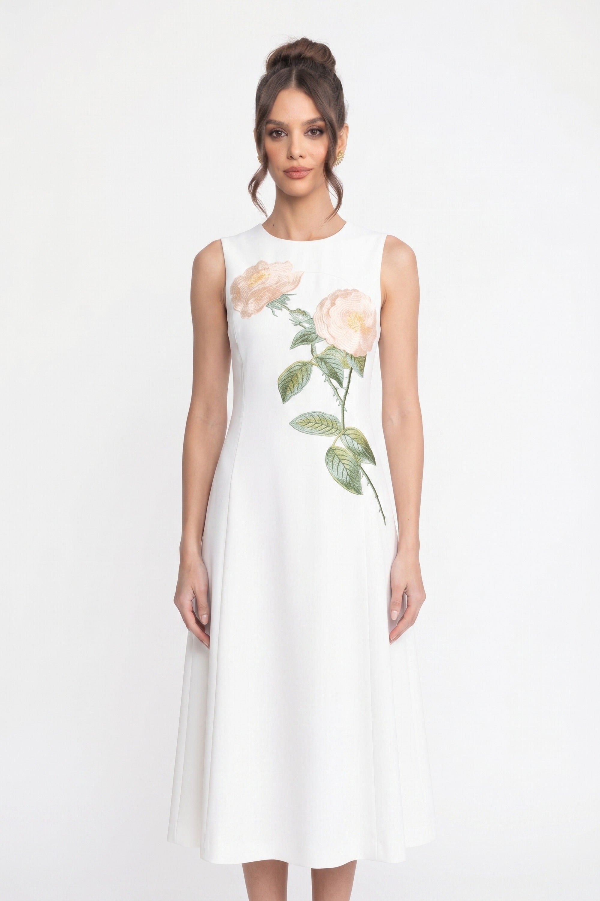 Robe midi sans manches avec appliqué floral 3D et jupe ample - Blanc 