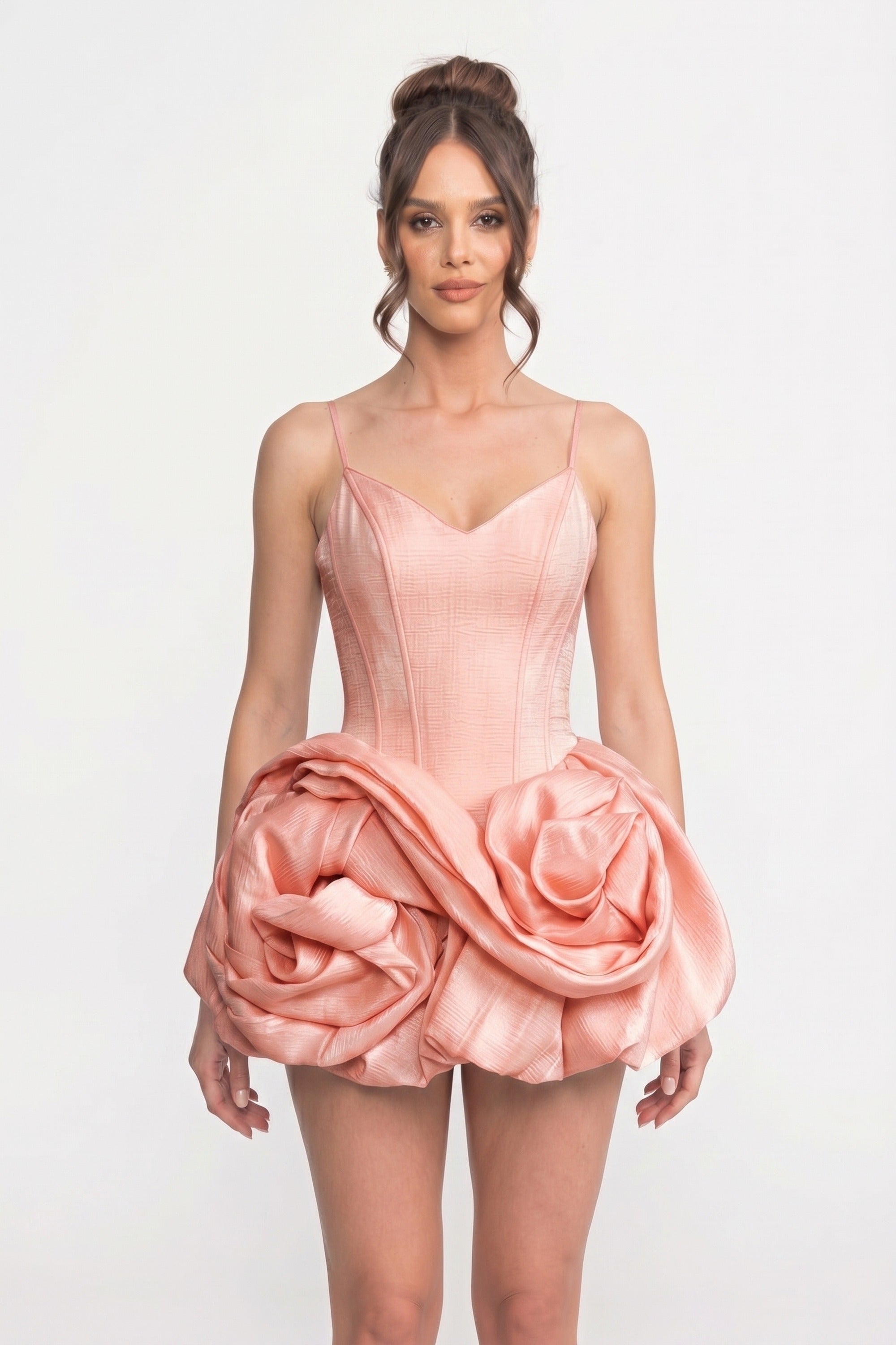Robe Mini en Velours à Bretelles Spaghetti avec Jupe Rose en 3D - Rose 