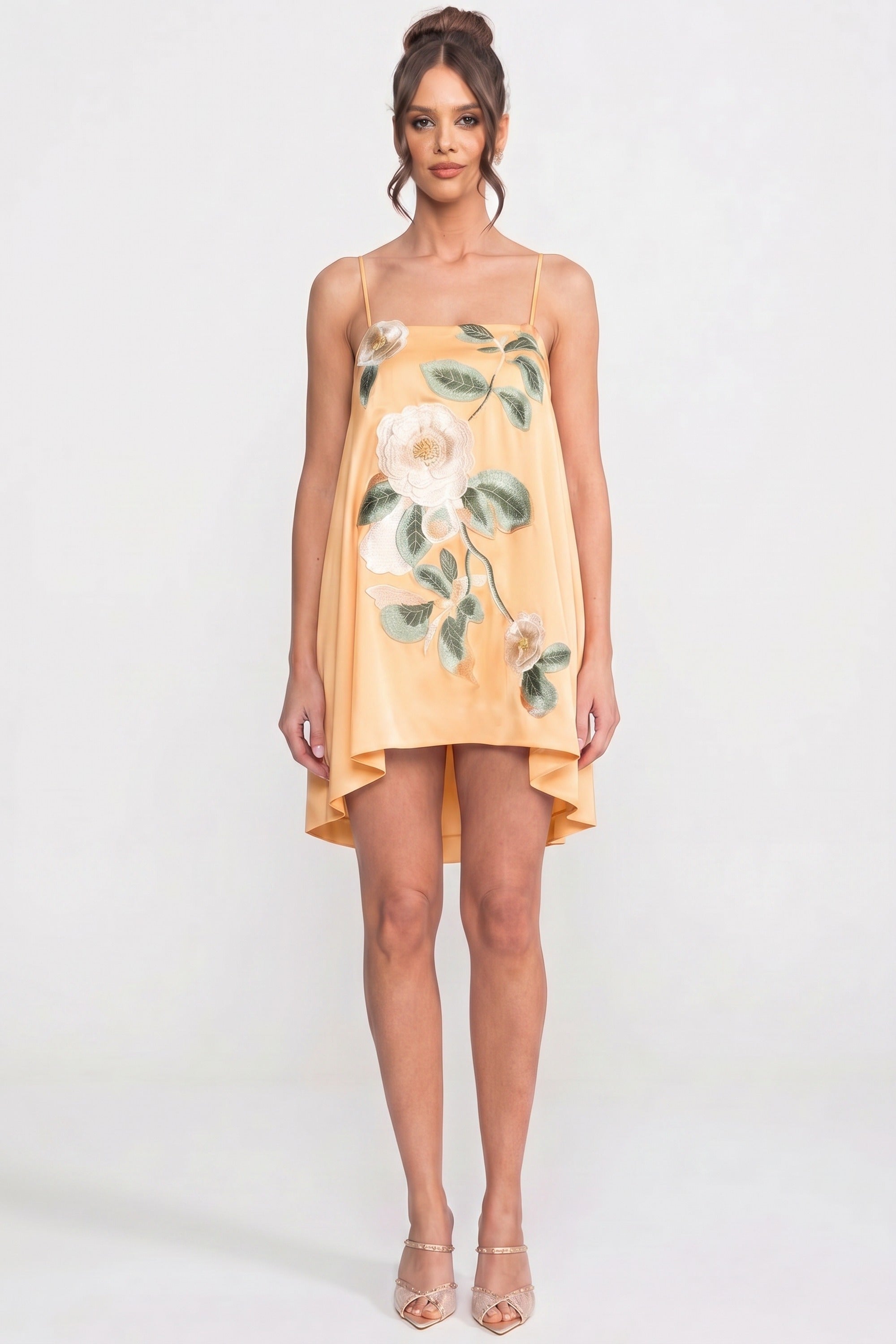 Spaghetti-Strap Mini Dress With 3D Floral Appliqué And A-Line Skirt - Yellow