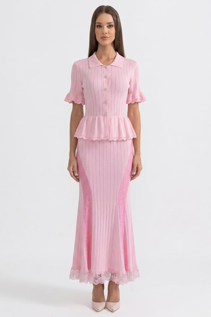 Robe maxi en maille à col Claudine et basque, avec ourlet en dentelle - Rose 