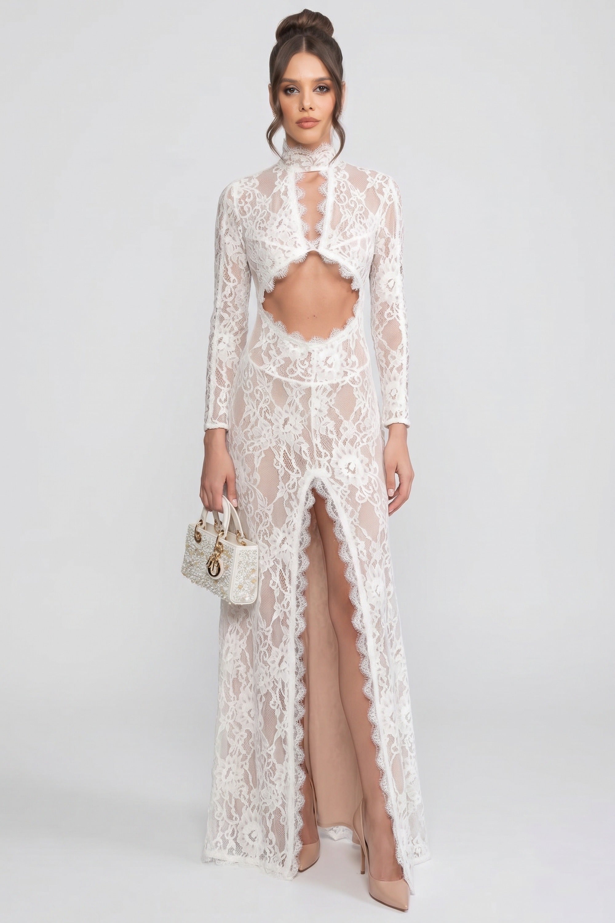 Robe élégante en dentelle avec col montant, découpe frontale et fente - blanc 