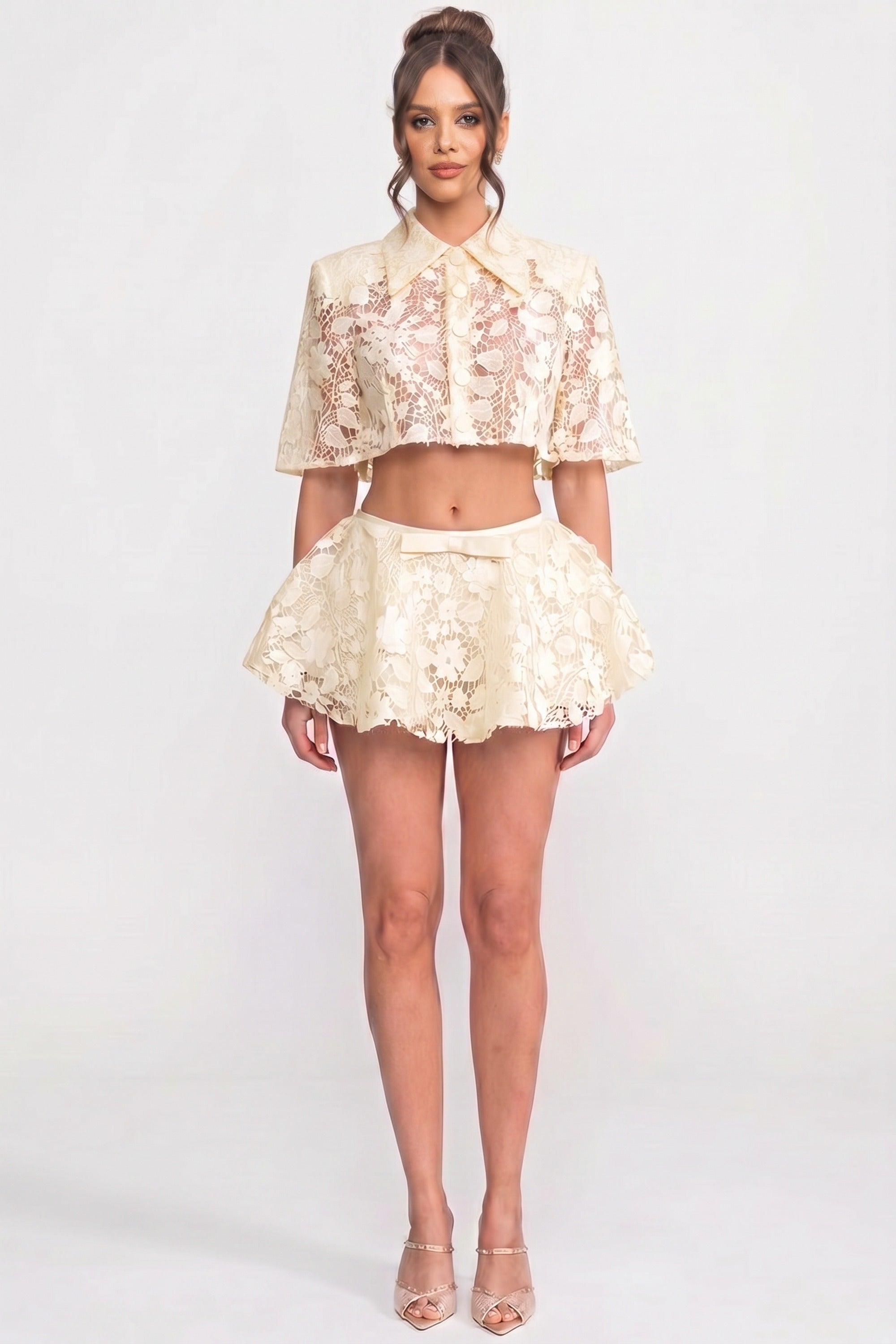 Lace Co-Ord Set With Button Cape And Bow Mini Skirt - Ivoire