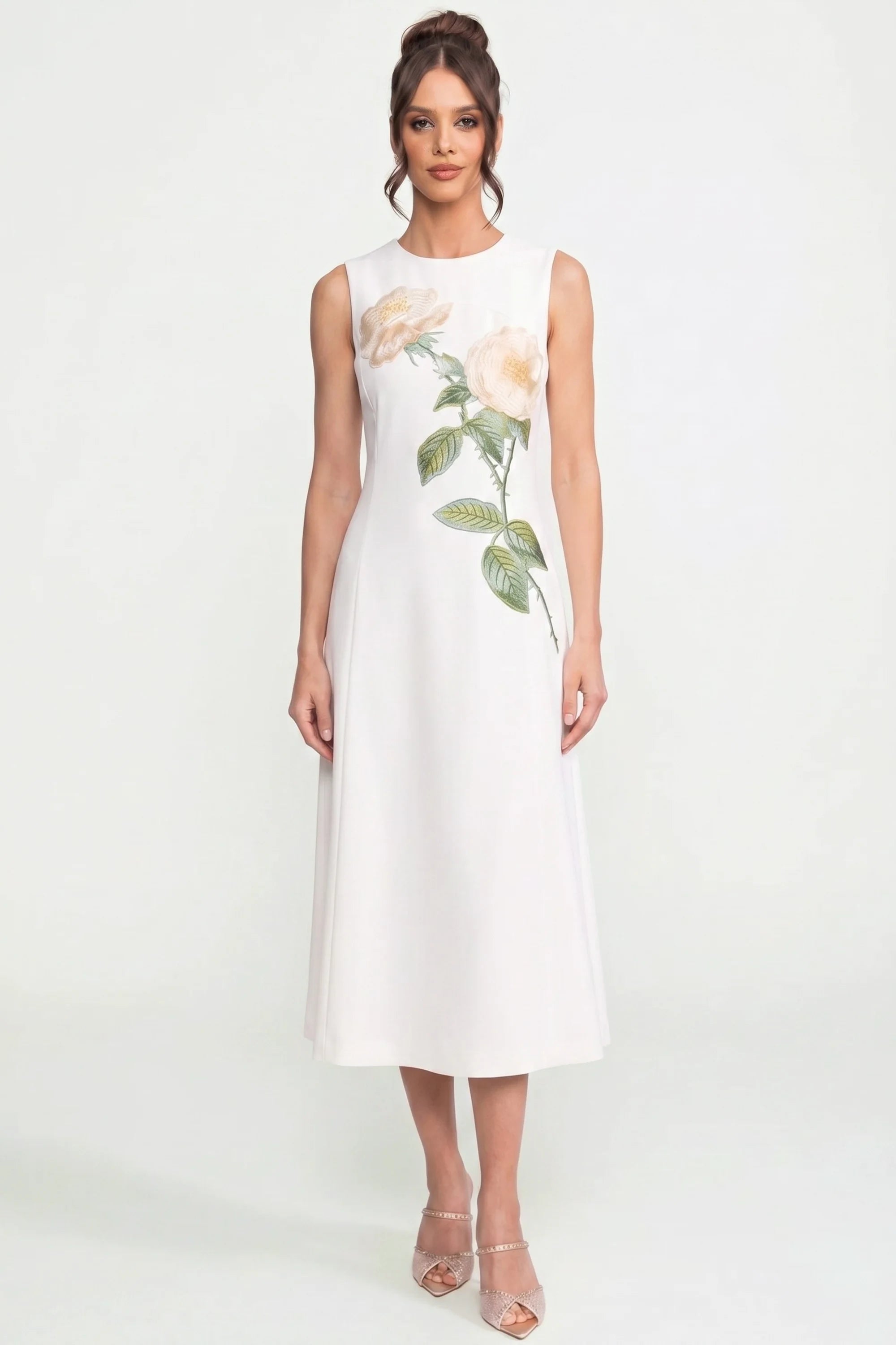 Sleeveless Midi Dress With 3D Floral Appliqué And Full Skirt - White