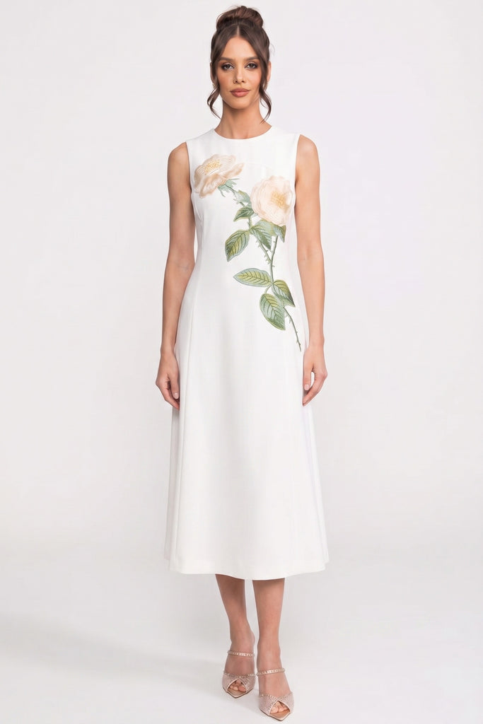 Robe midi sans manches avec appliqué floral 3D et jupe ample - Blanc 