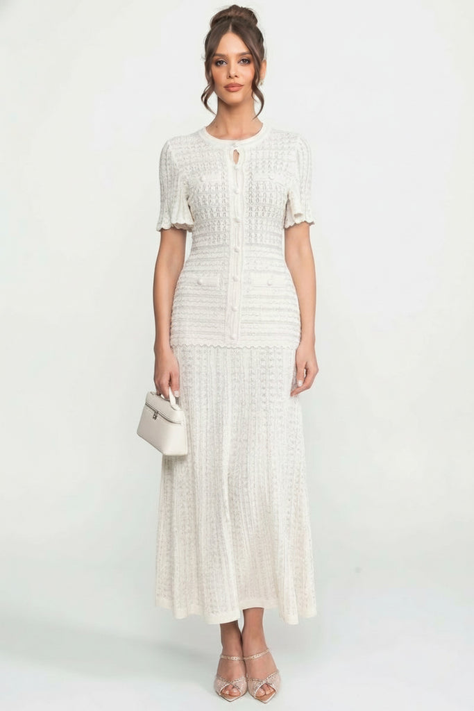 Robe midi à manches courtes avec texture en maille scintillante - Blanc 