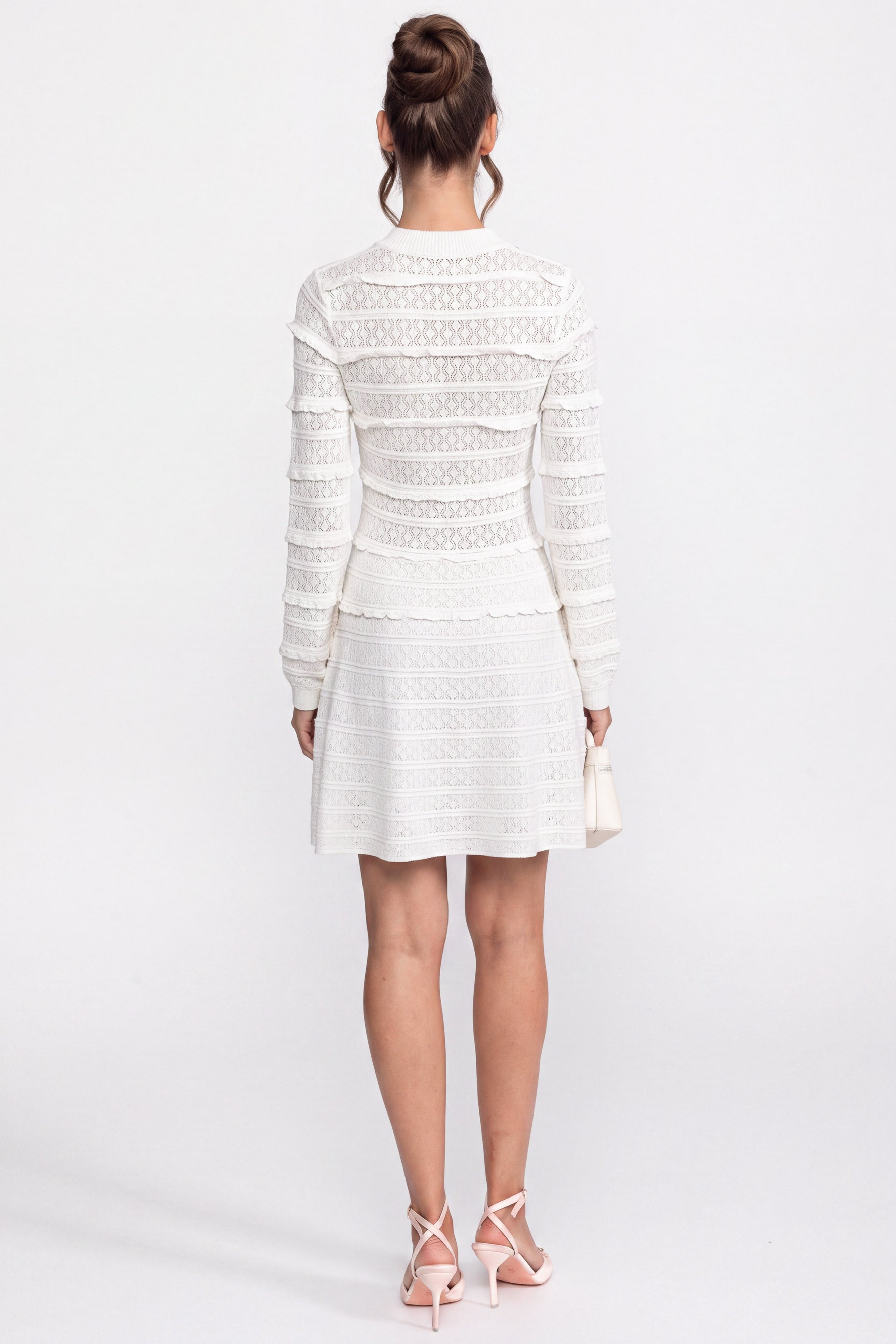 Robe en maille évasée cintrée avec boutons sur le devant et boutons en cristal - Blanc 