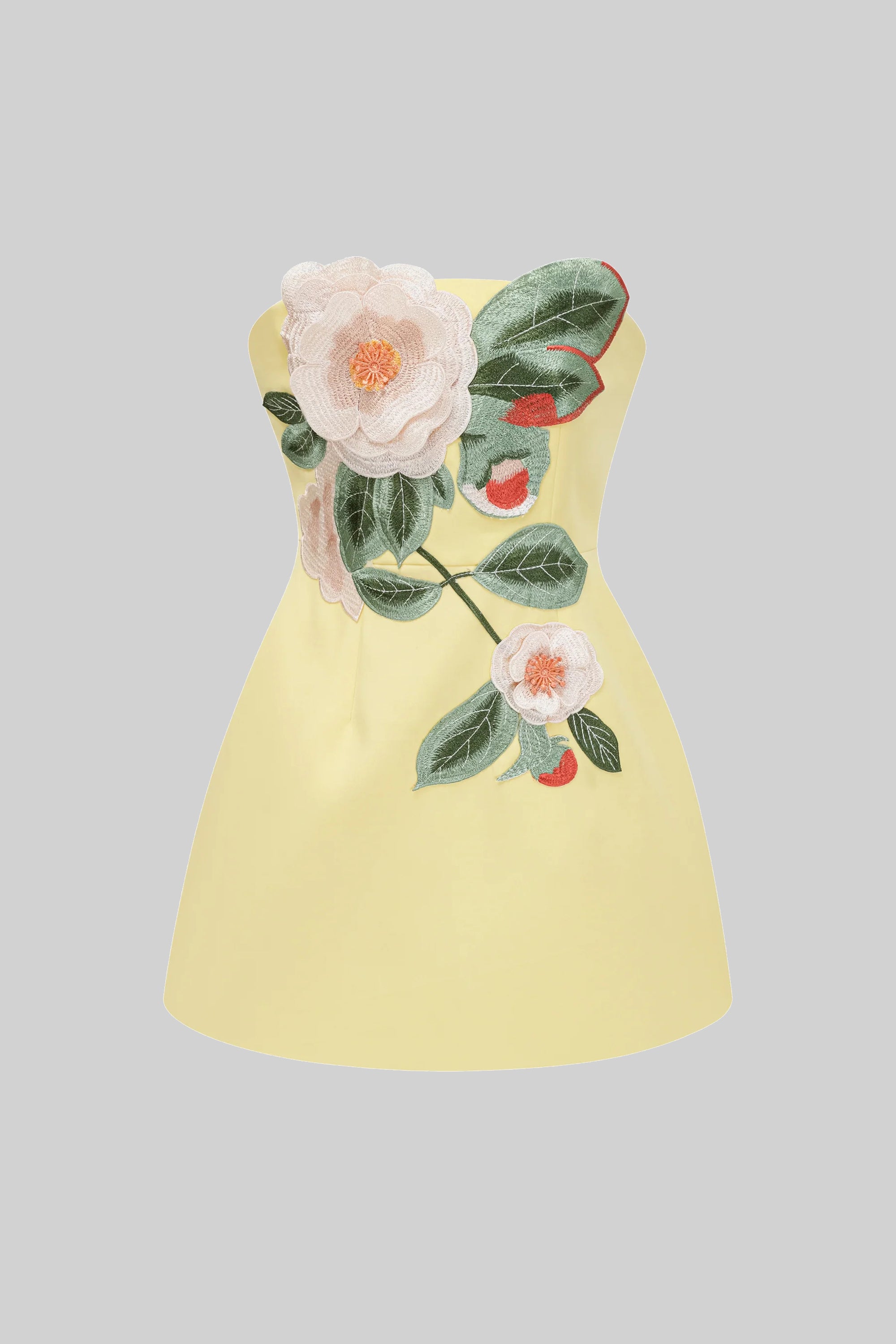 Robe mini bustier avec applique florale camélia 3D - Jaune 
