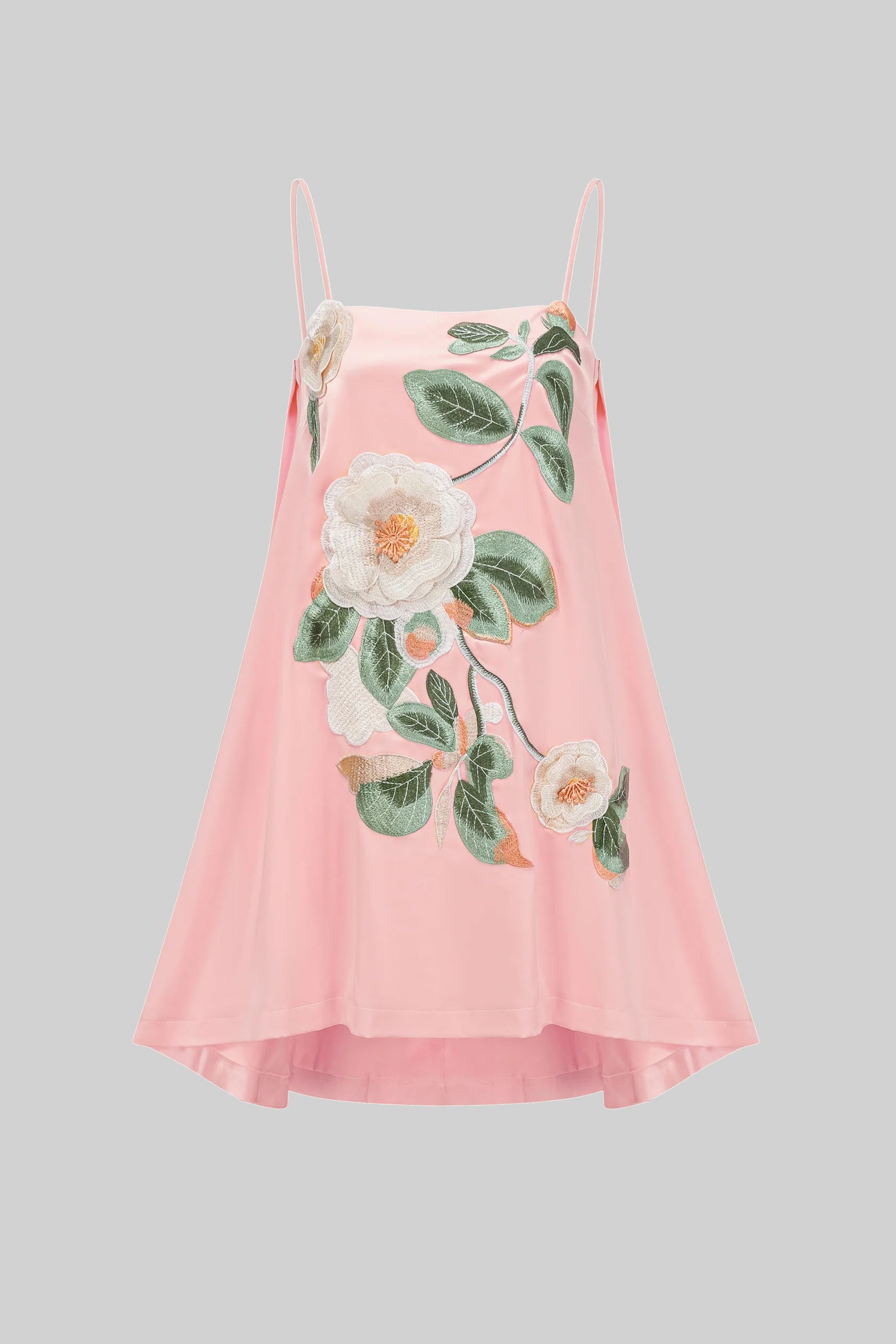 Robe mini à bretelles spaghetti avec appliqué floral 3D et jupe trapèze - Rose 