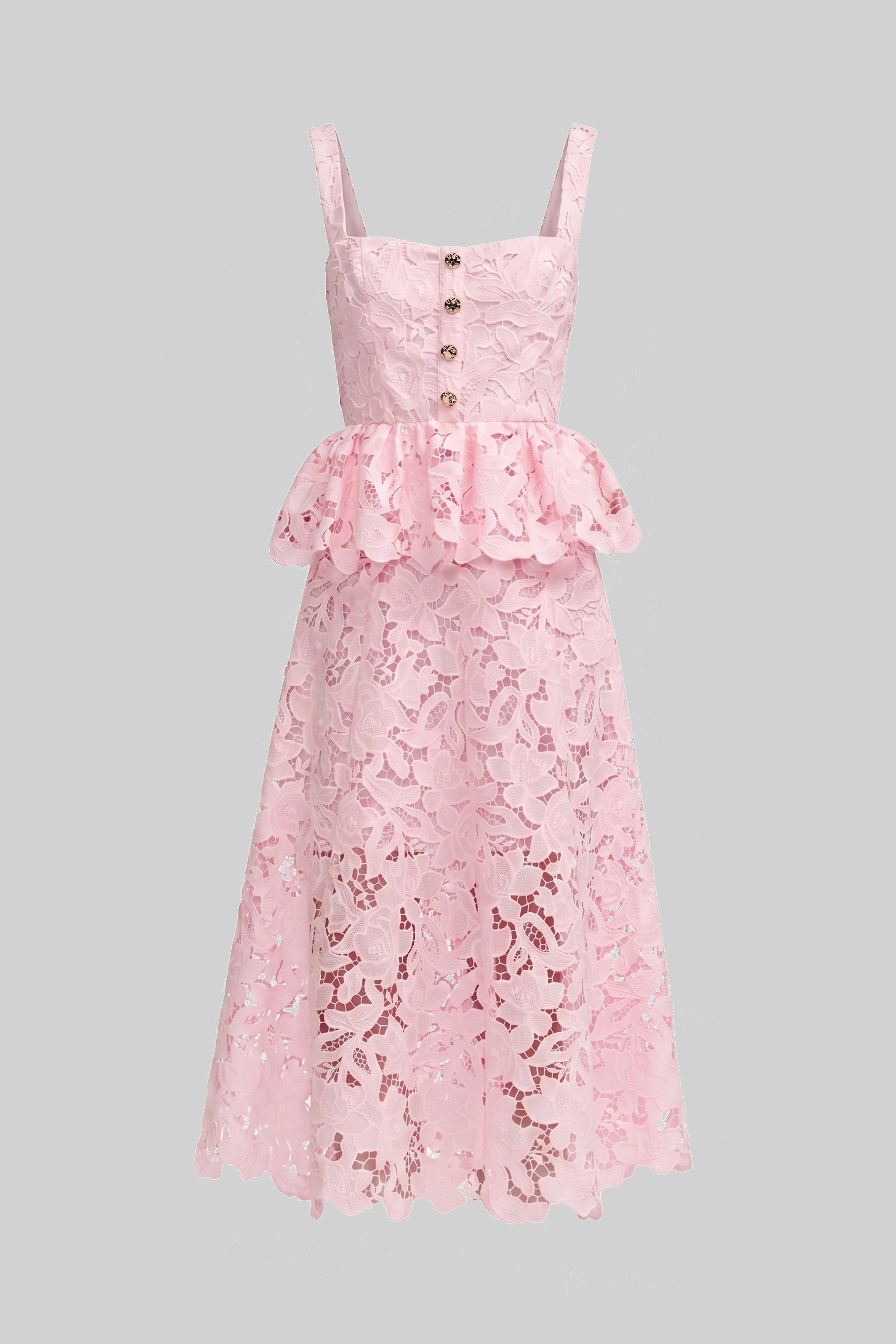 Robe sans manches en dentelle avec peplum, jupe midi et boutons dorés - Rose 