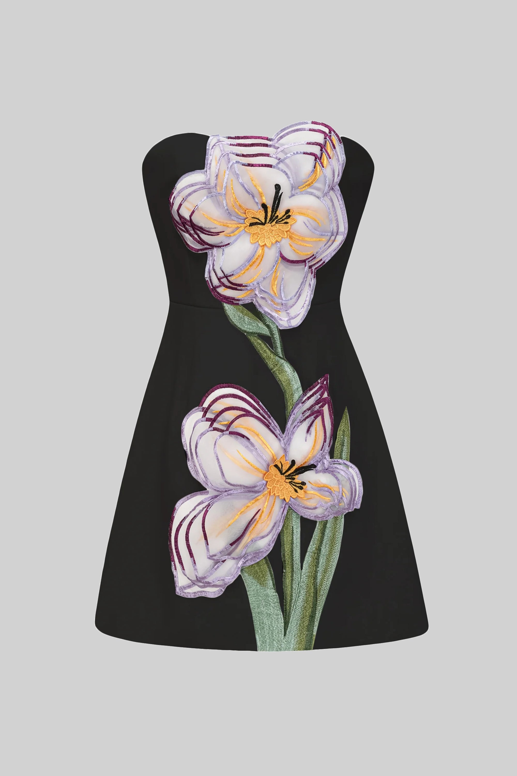 Robe courte bustier avec appliqué floral iris en 3D - Noir 